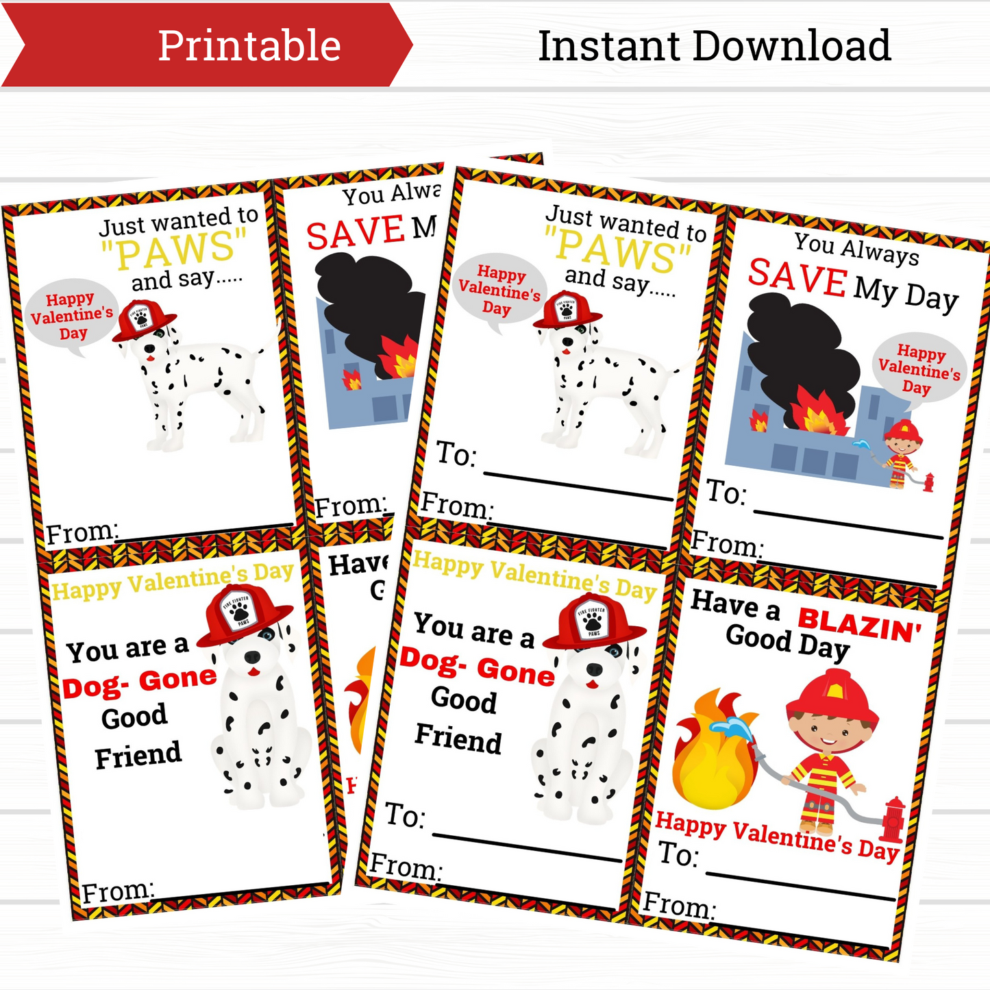 Printable Firefighter Valentine Set 1