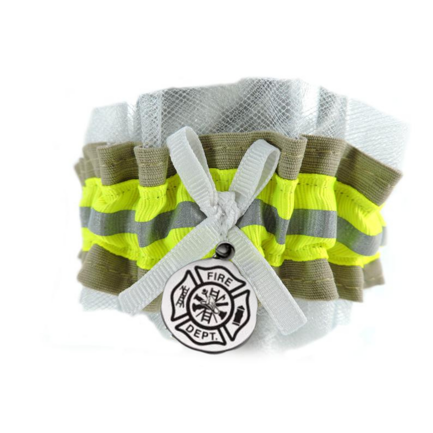 Firefighter wedding garter WHITE tulle with tan fabric and neon yellow reflective tape