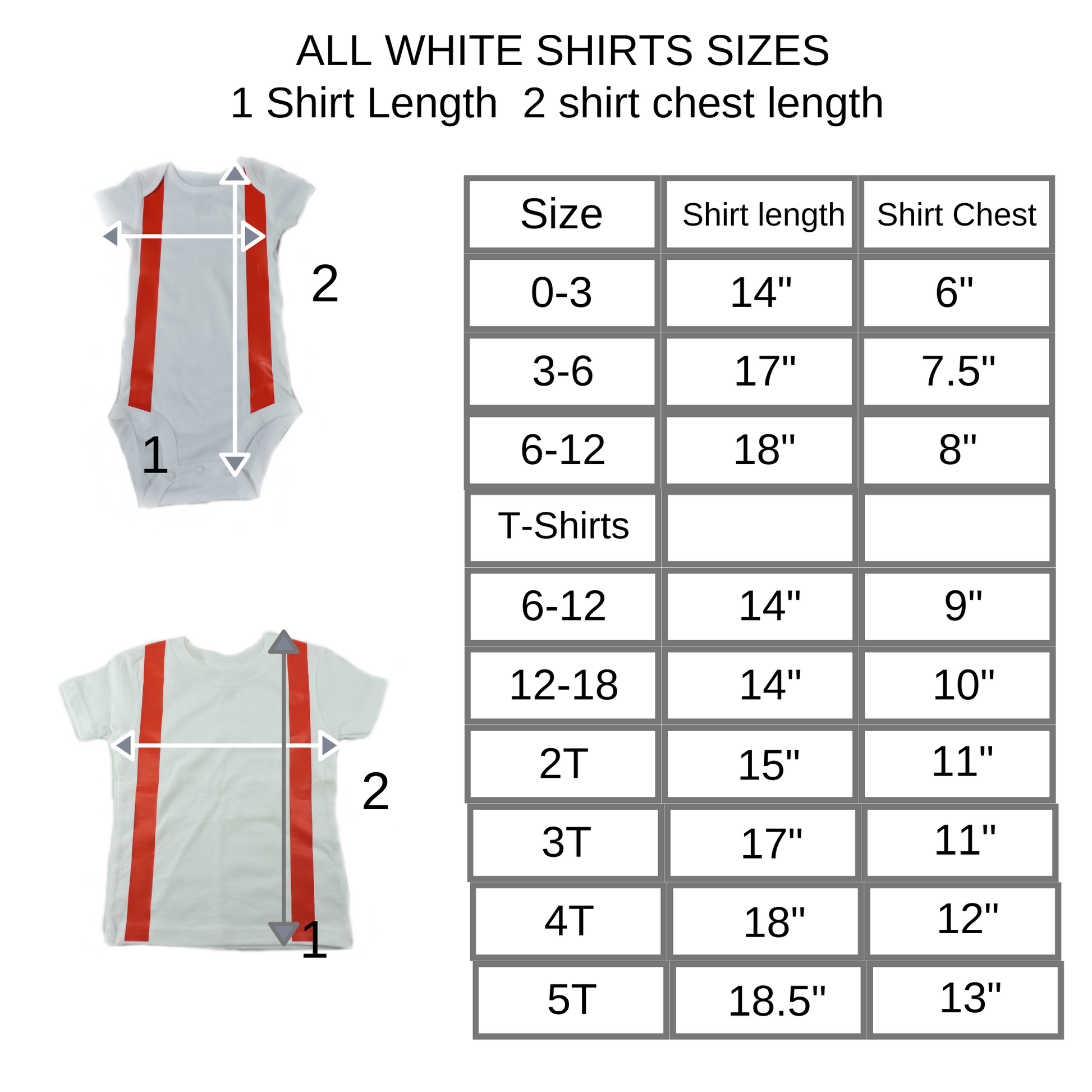 White Firefighter style baby And Toddler shirts size chart