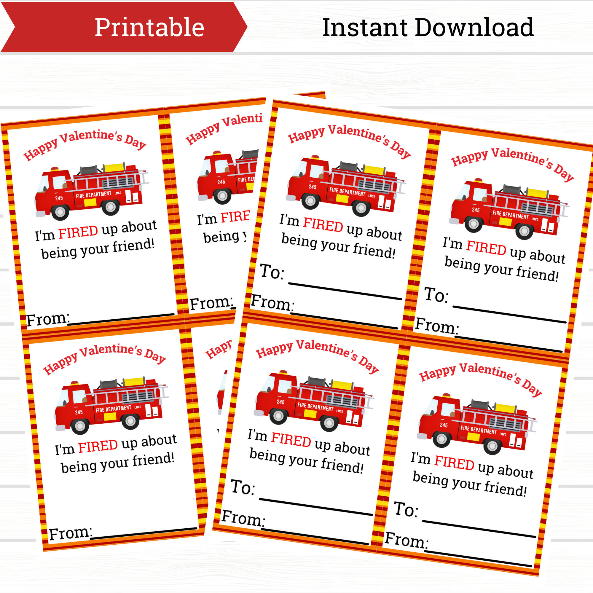 Printable Firefighter Valentine, Happy Valentine's Day Fire Truck
