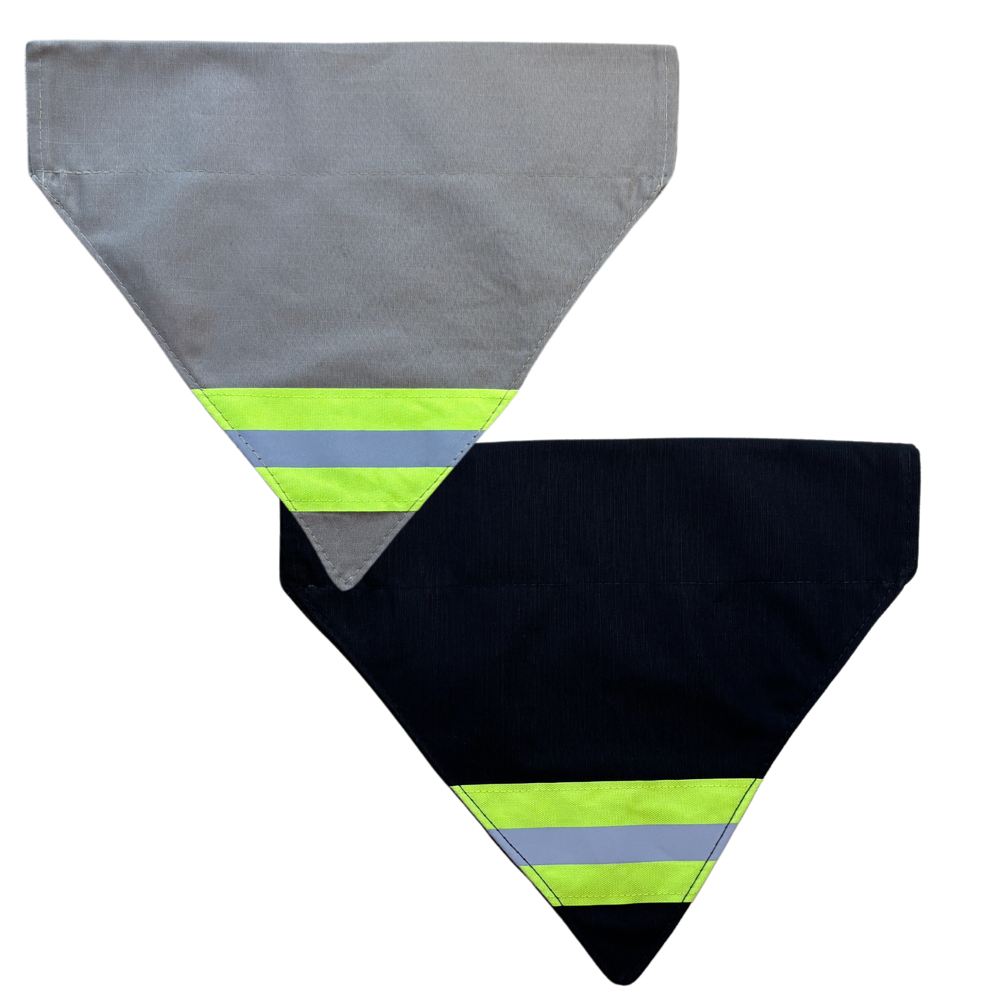 Firefighter Dog bandana in tan fabric with neon yellow reflective tape and a black fabric neon yellow reflective tape