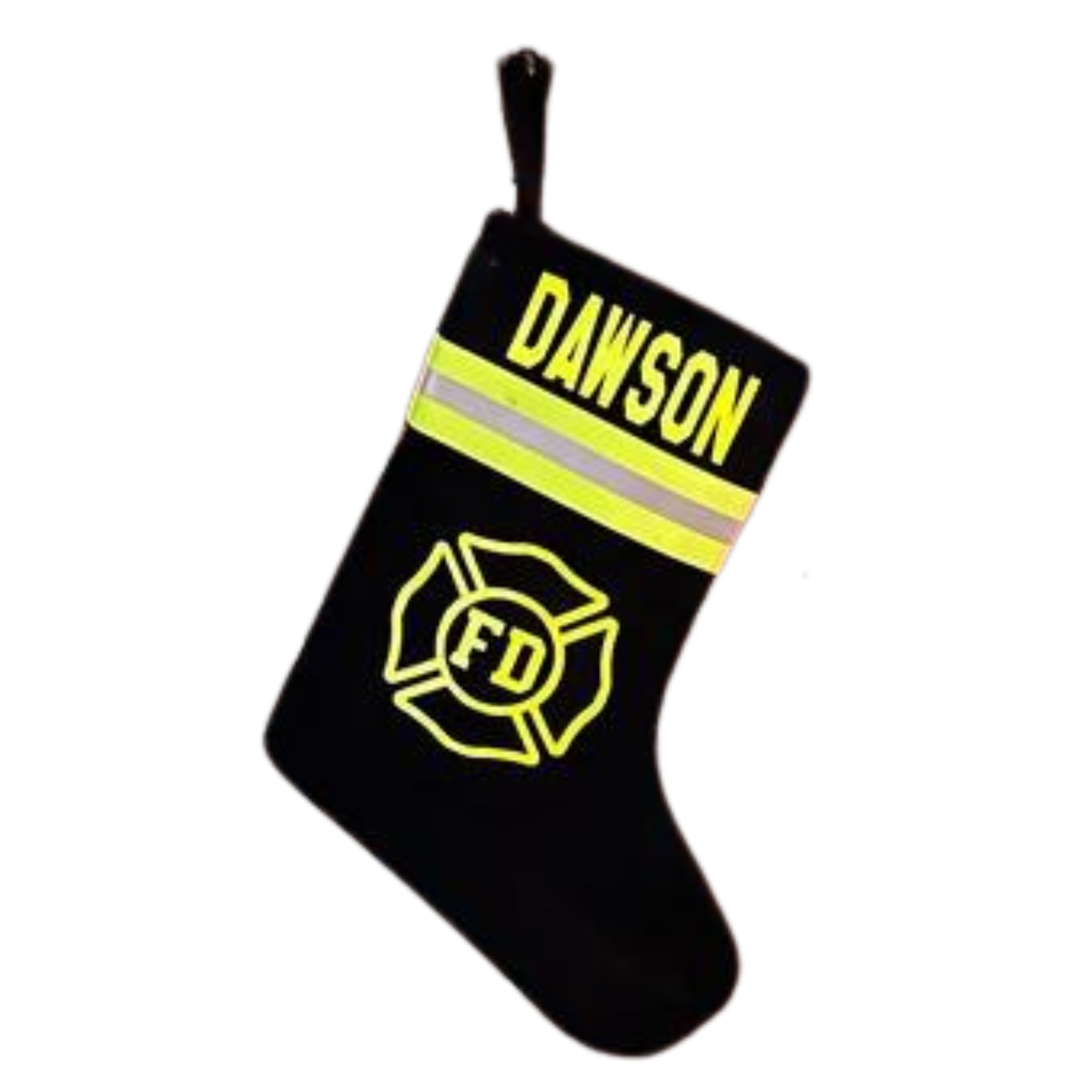 Firefighter Stocking with name and malteses cross in balck fabric  with neon yellow reflective tape