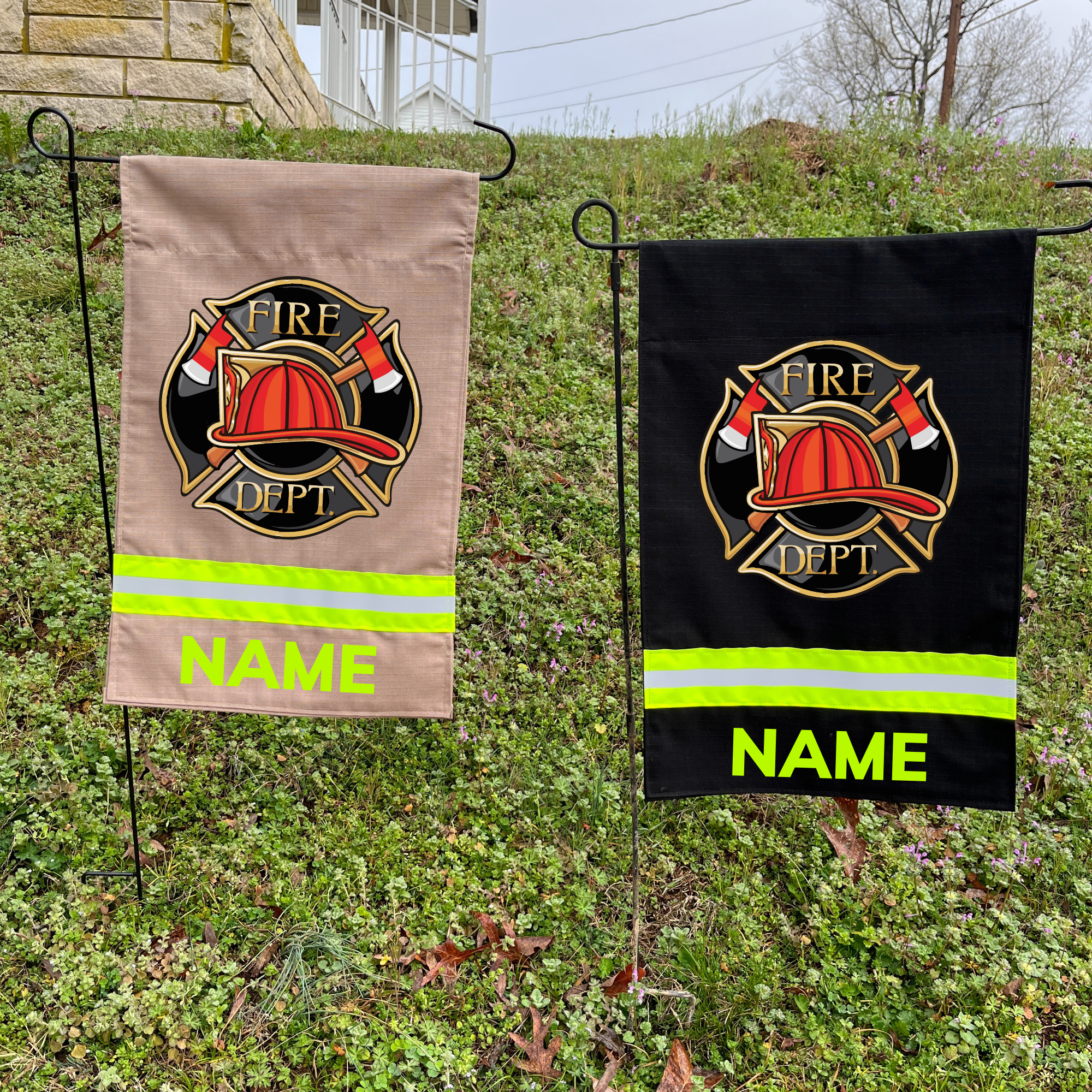 Firefighter Garden Flag in either tan or black fabric  Maltese cross with a fire hat in the center.