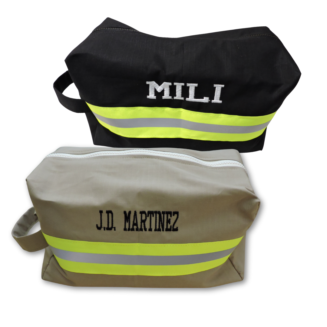 Firefighter Toiletry Bag in tan or black fabric with neon yellow reflective tape. you can add a name to the bag