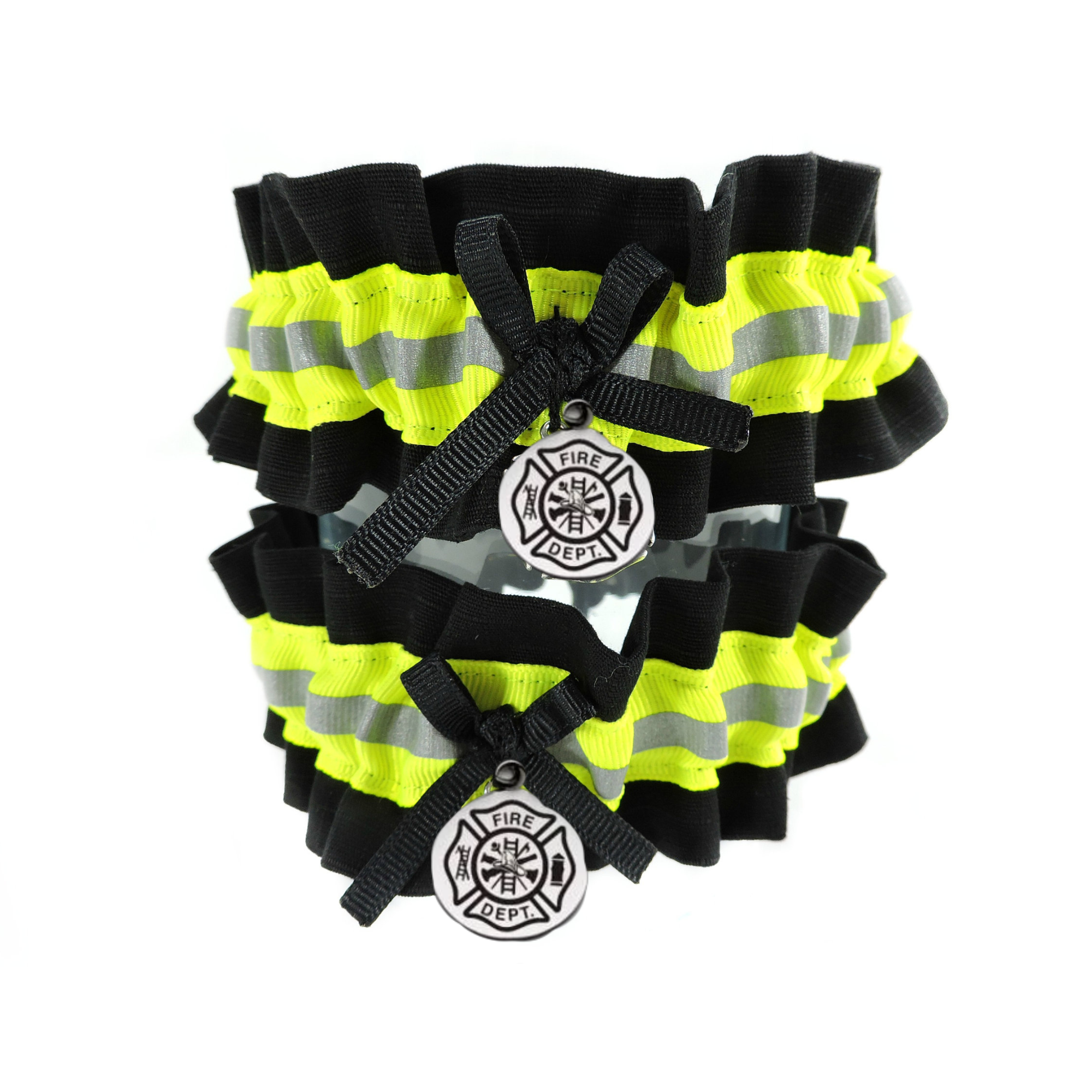 Firefighter Wedding Garter set  Black fabric neon yellow reflective tape