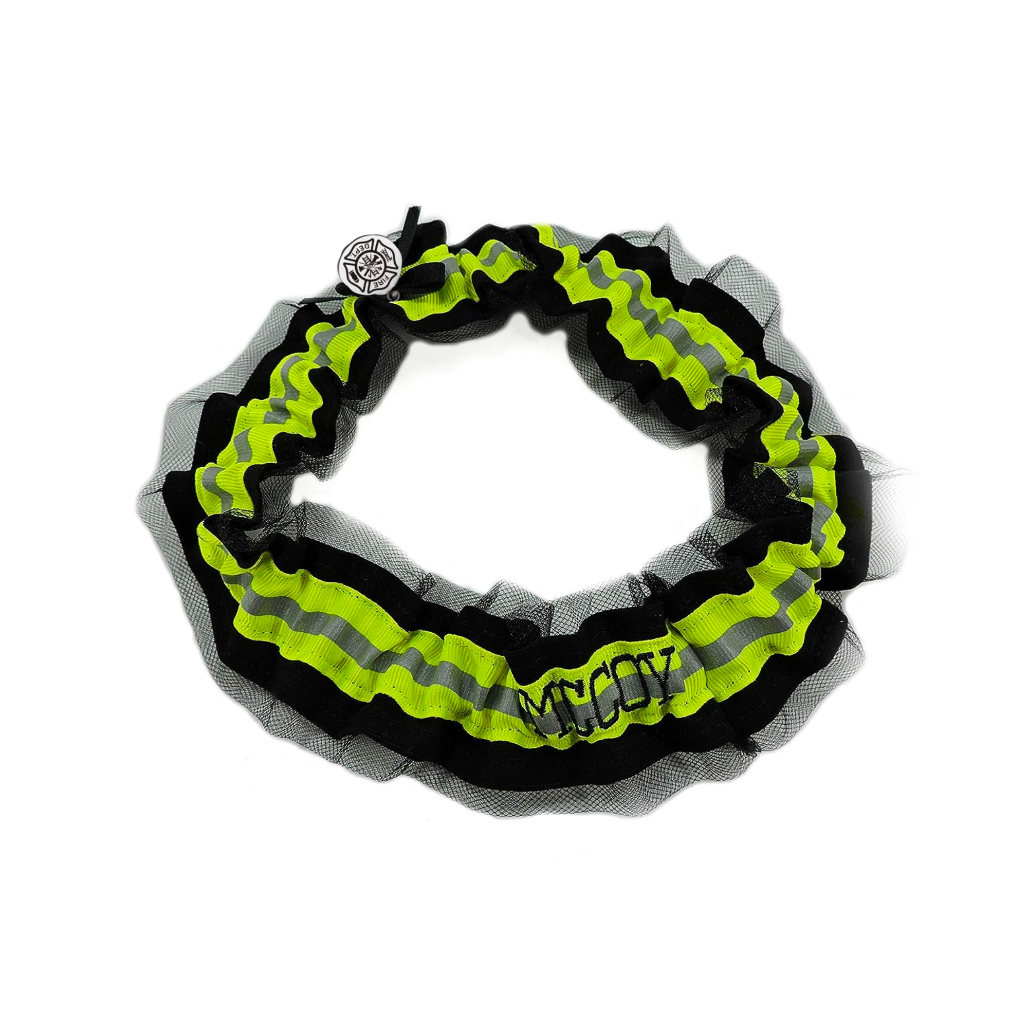 Firefighter Wedding Garter with black Tulle set  Black fabric neon yellow reflective tape with a name on the back