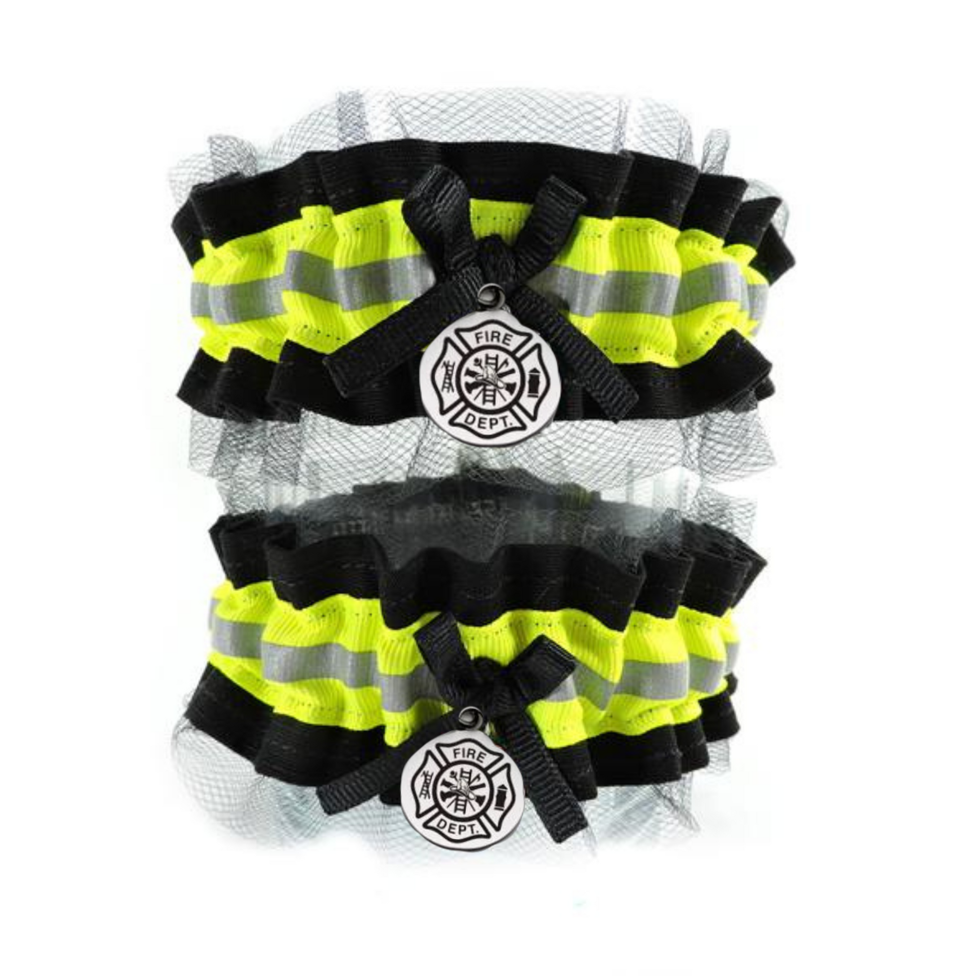 Firefighter Wedding Garter with black Tulle set  black  fabric, neon yellow reflective tape