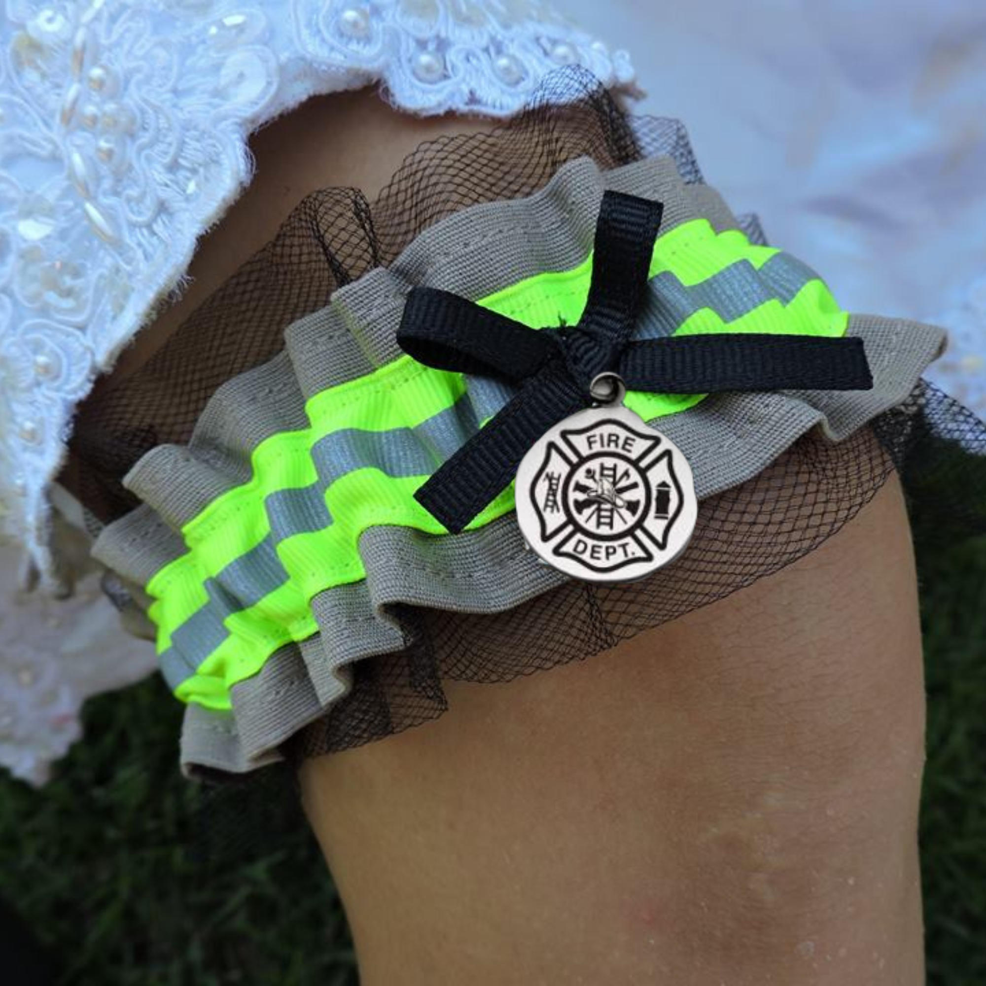 Firefighter wedding garter set, one with black tulle, toss garter without tulle tan fabric and neon yellow reflective tape