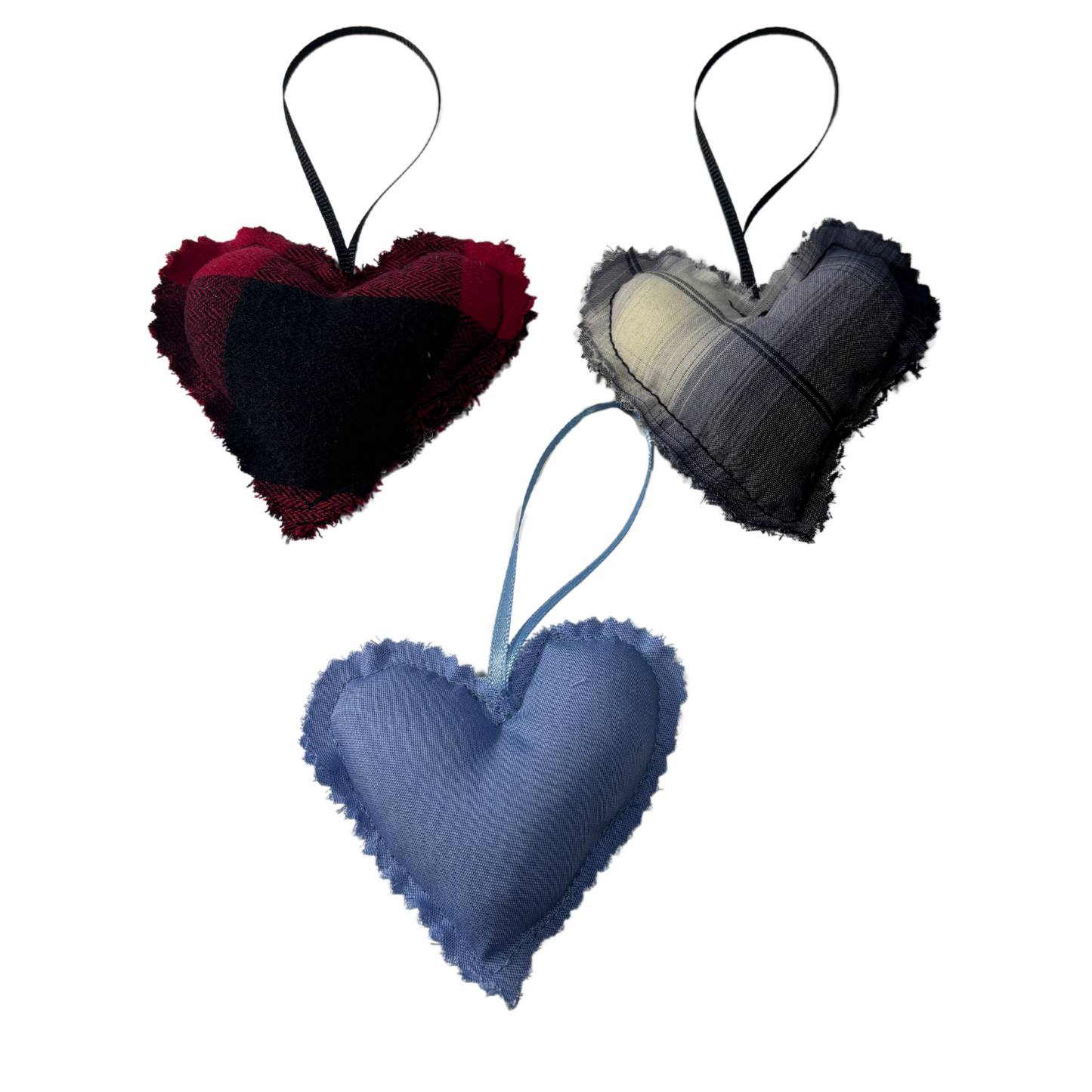 Memory Heart Ornament made from your loved ones clothing. The edge of the heart is pinked to give a rustic look