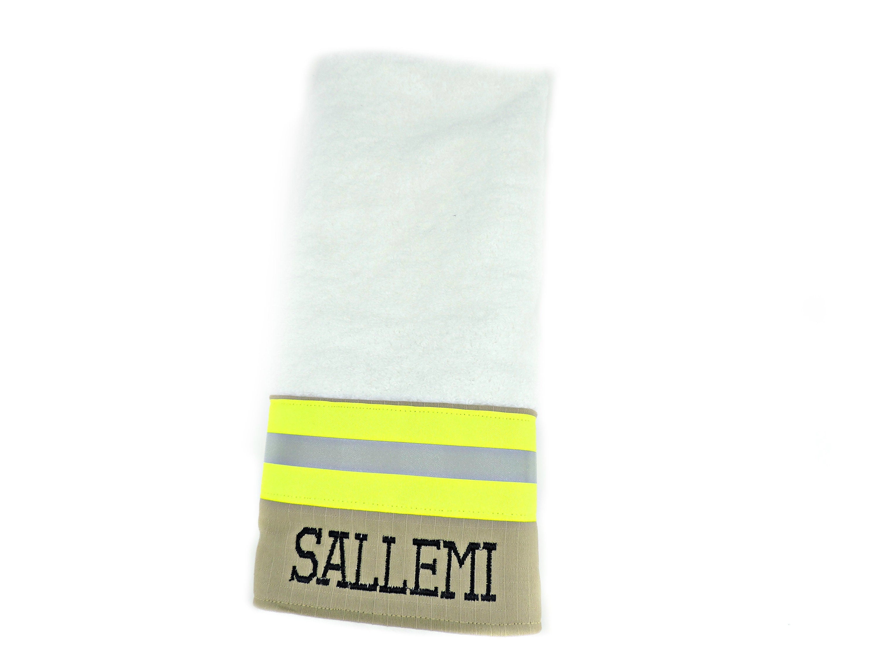 tan fabric with neon yellow reflective tape with name Firefighter Bath Hand Towel