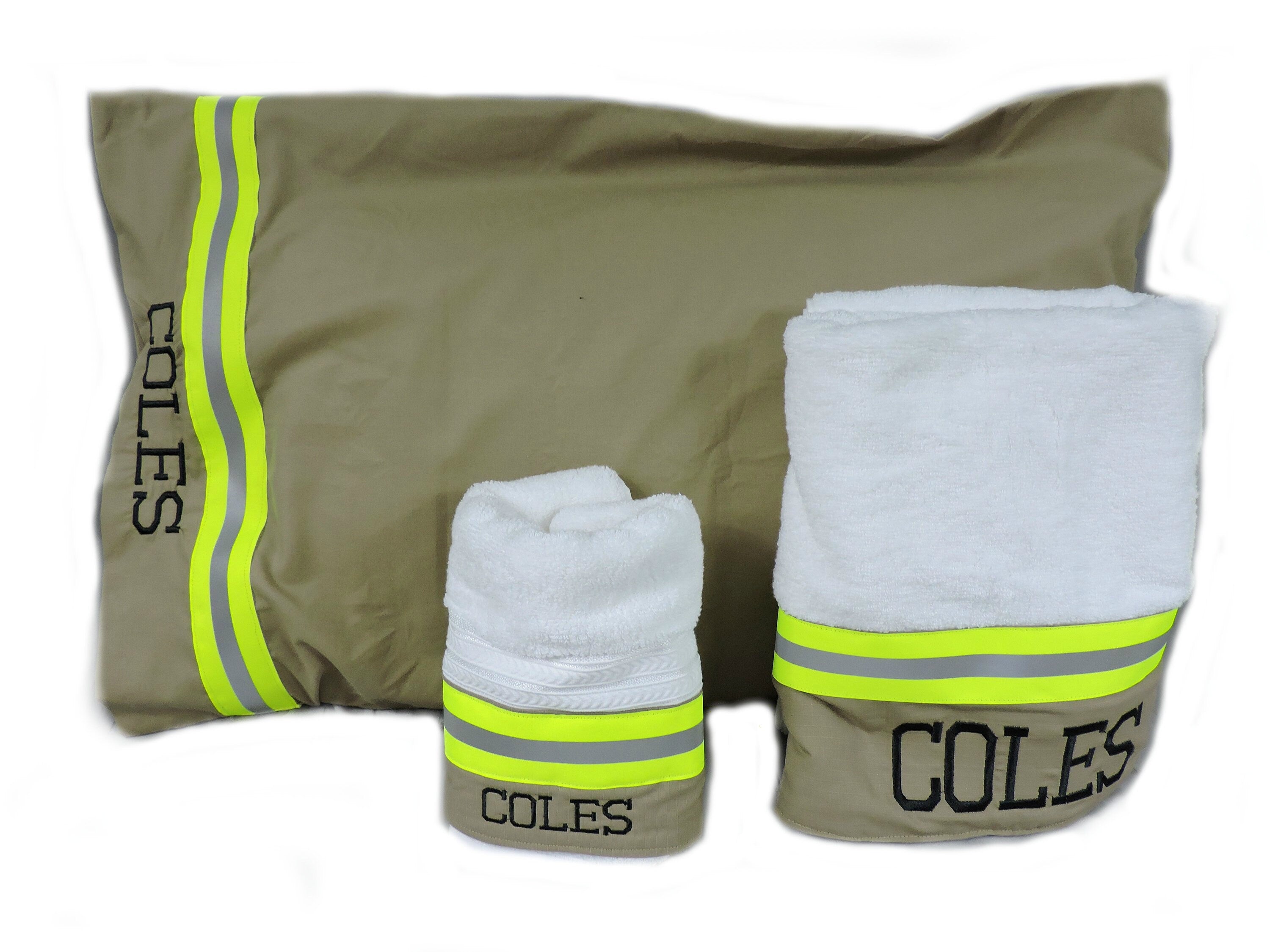 Tan fabric with neon yellow reflective tape firefighter gift set with pillowcase bath towel and hand towel