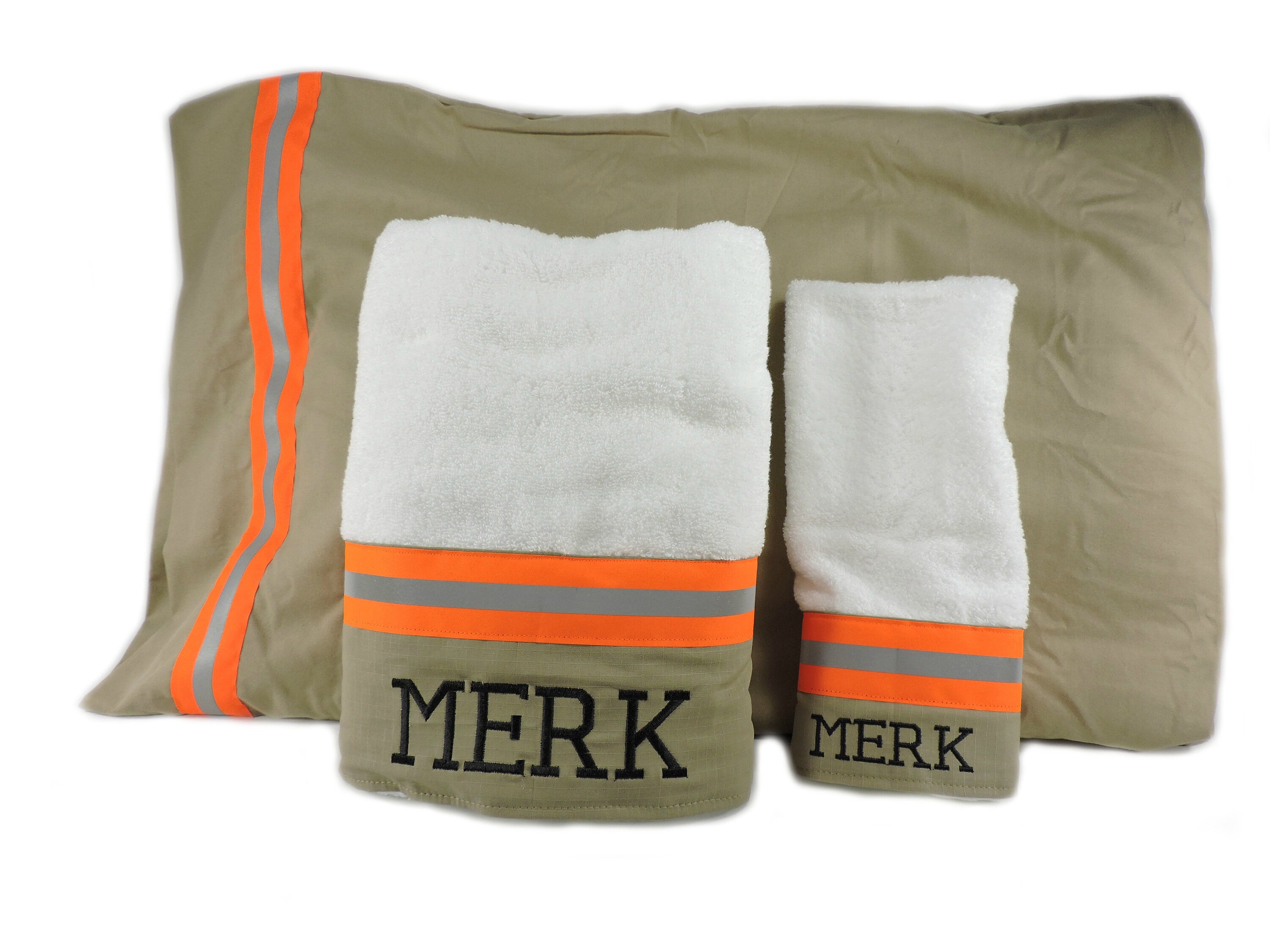 Tan fabric  with orange reflective tape firefighter gift set with pillowcase bath towel and hand towel