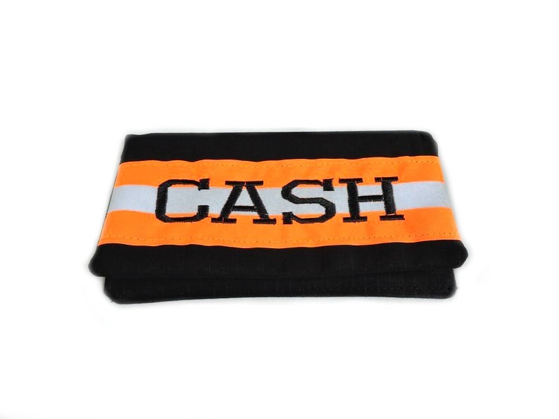 Black fabric with orange reflective tape  Firefighter Checkbook cover with a name embroidered on the front of the cover.