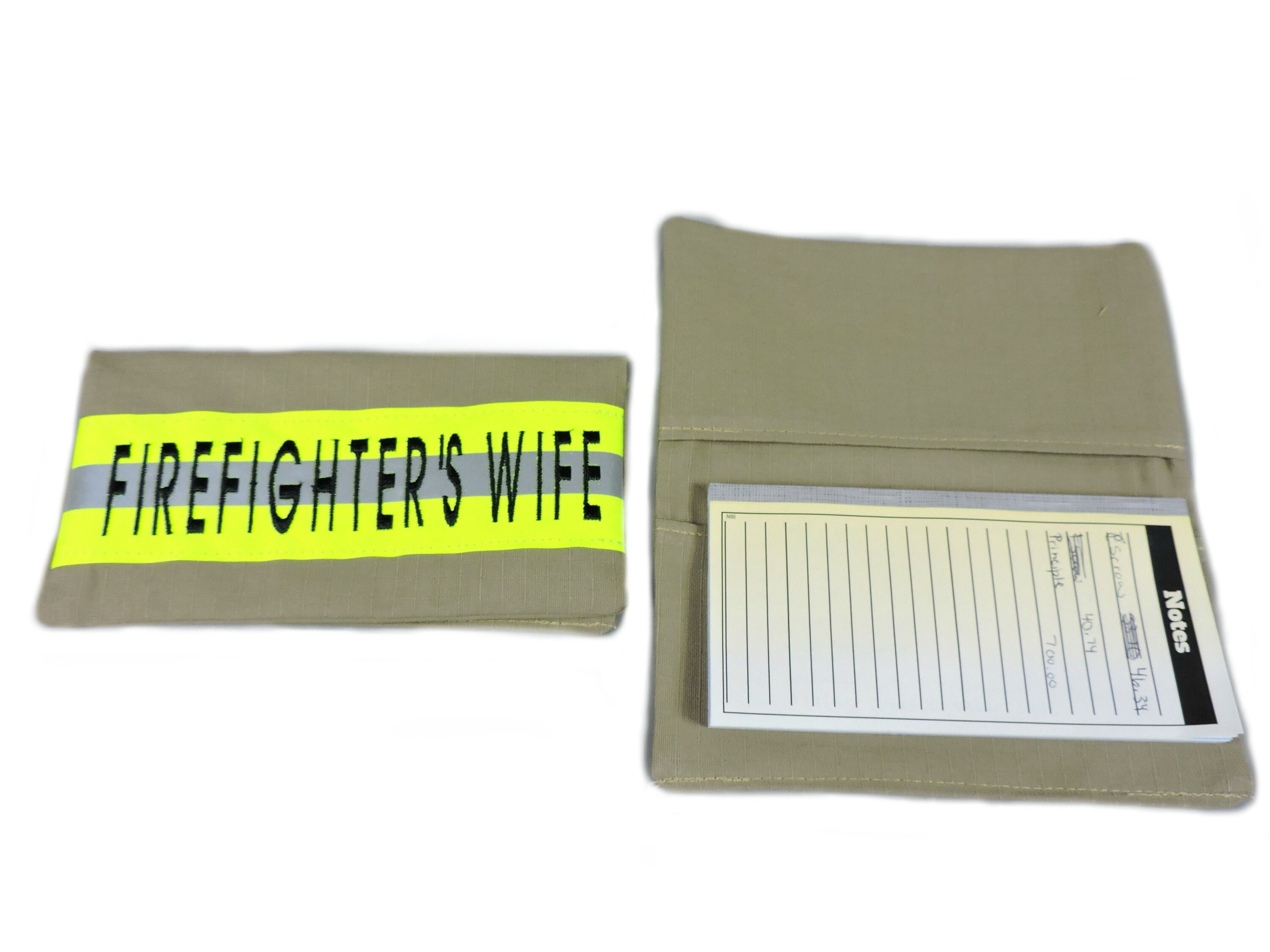 tan fabric with neon yellow reflective tape Firefighter Checkbook cover view of front and inside. Front view has Firefighter Wife embroidered on the cover