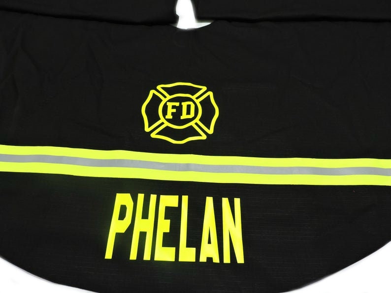 Black Fabric Neon Yellow Reflective Tape Firefighter Christmas Tree Skirt with name and maltese cross