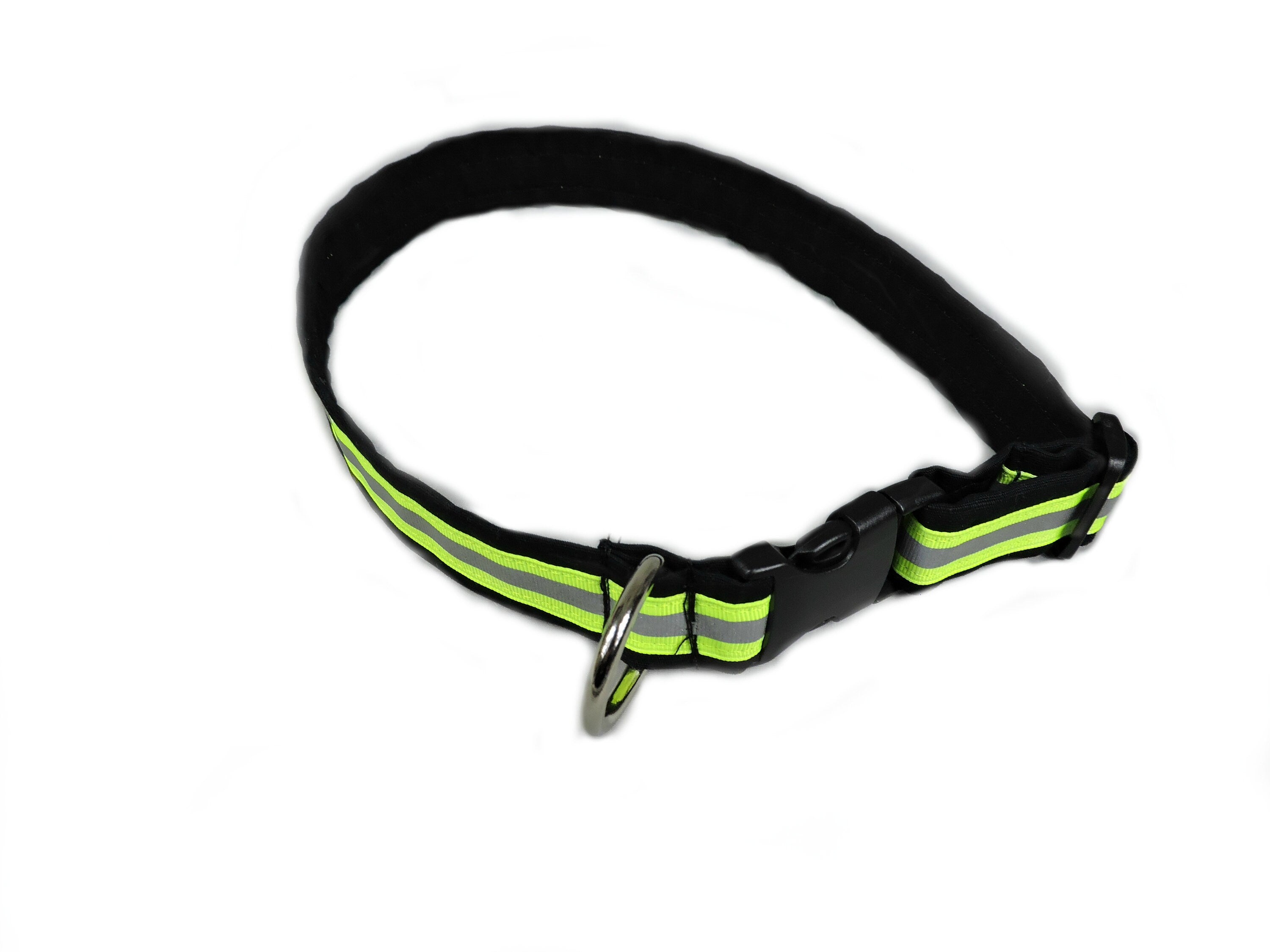 Black fabric with neon yellow reflective tape with a plastic buckle Firefighter Dog Collar