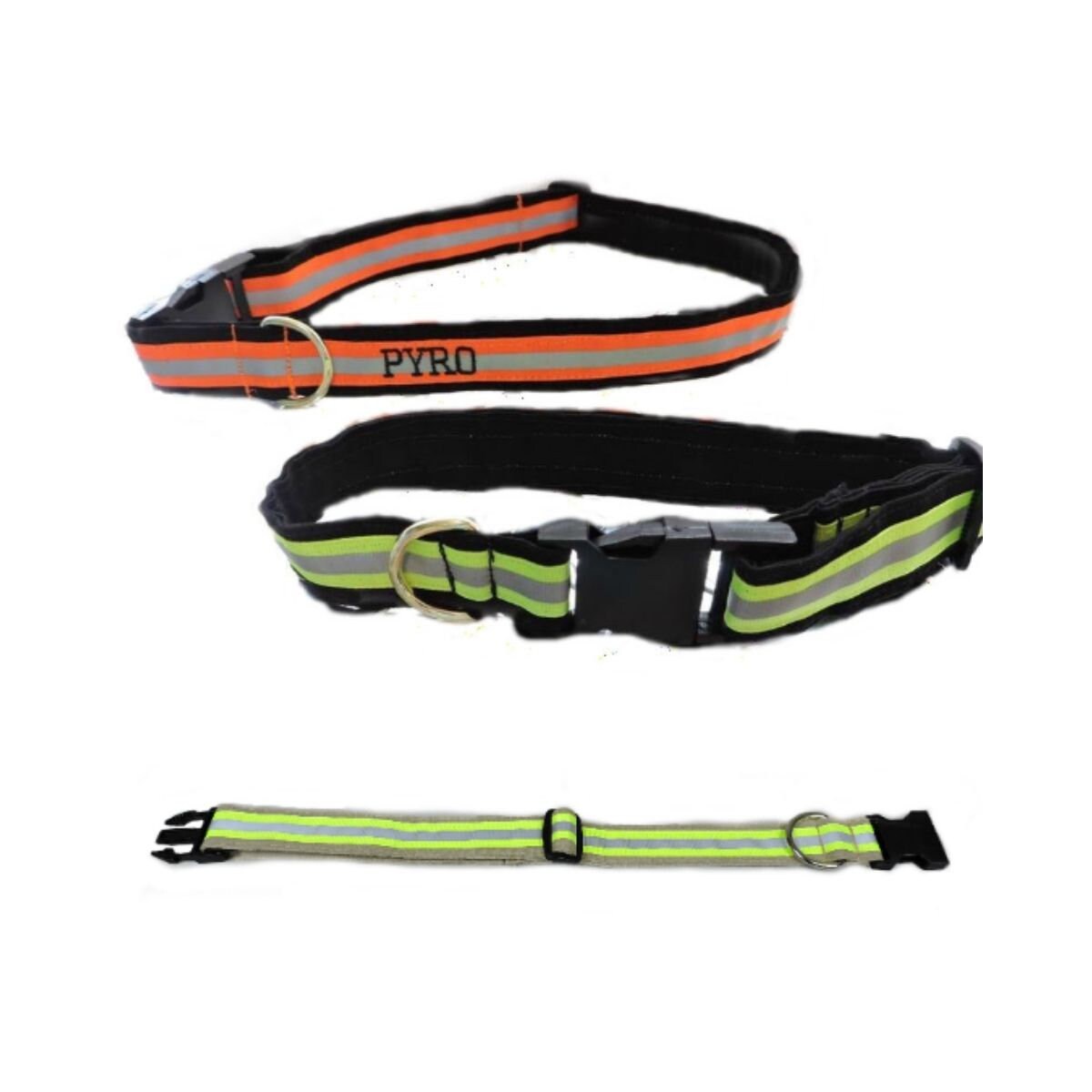 Firefighter Dog Collar view with name, view with buckle closed and opened