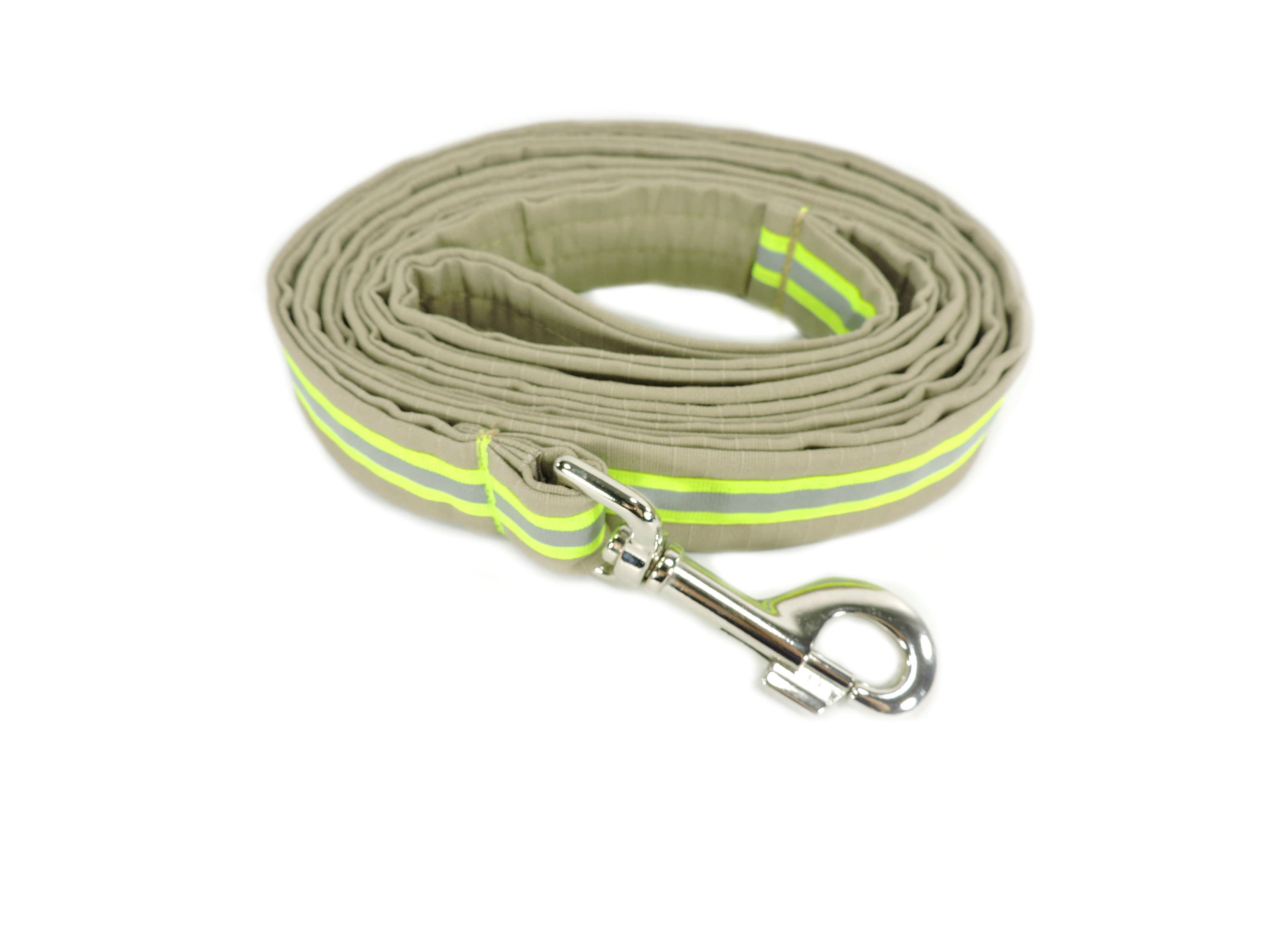 Tan fabric with neon yellow reflective tape Firefighter Dog Leash