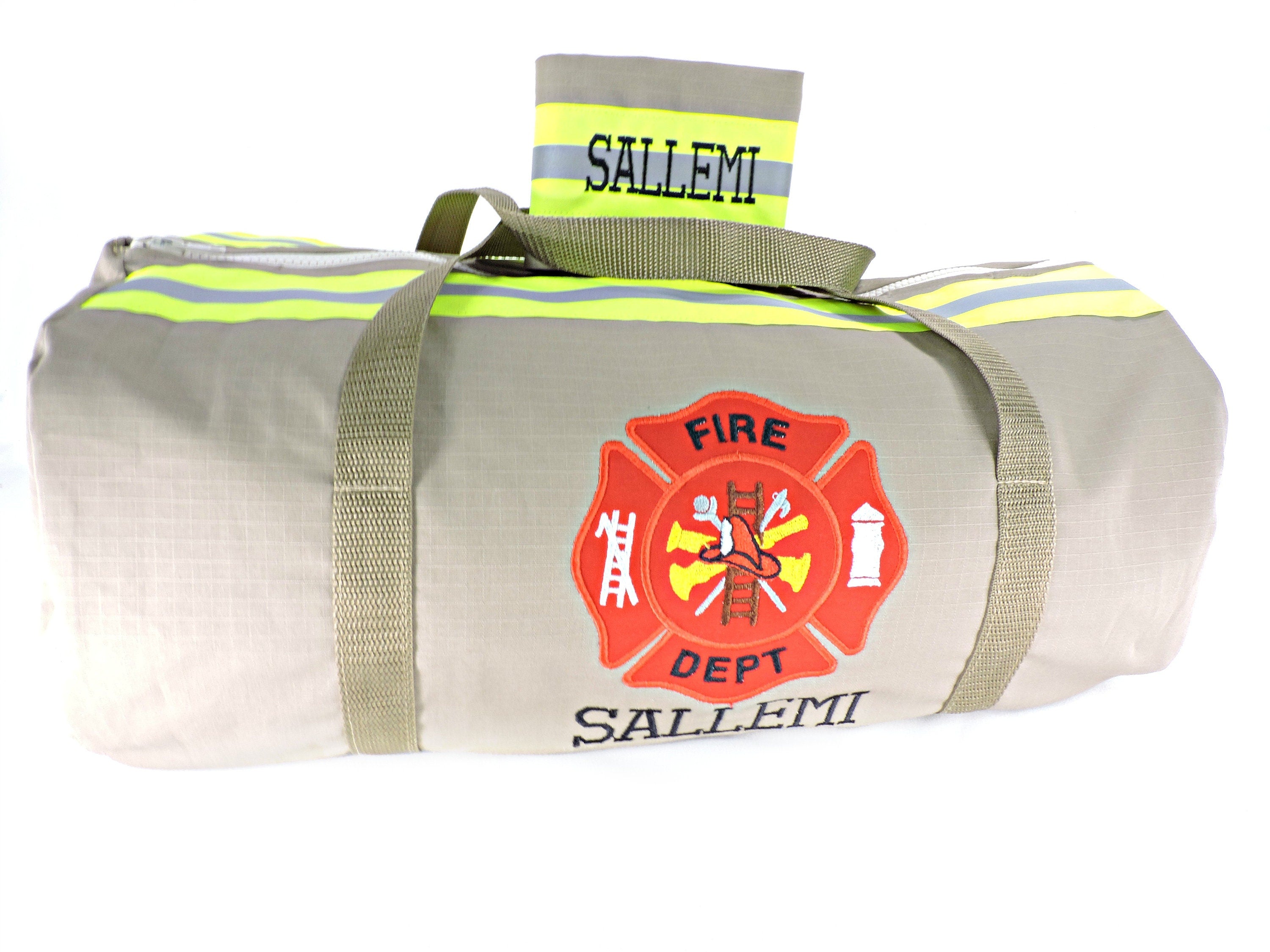 tan fabric with neon yellow reflective tape Firefighter Duffel bag and wallet