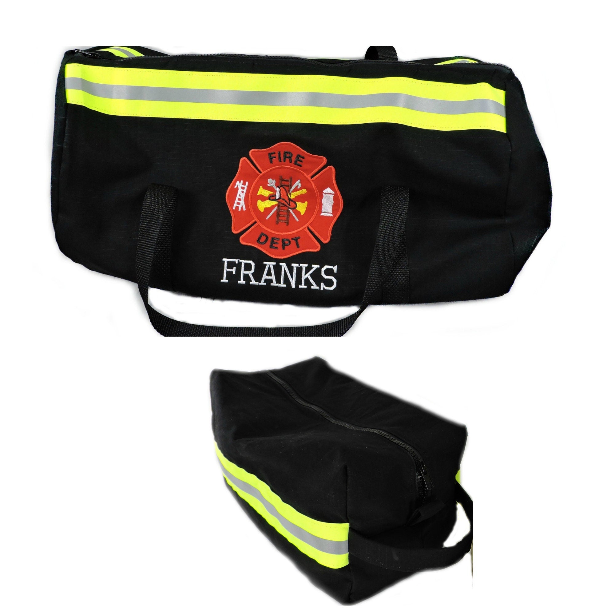 black fabric with neon yellow reflective tape  firefighter duffel bag and travel bag set