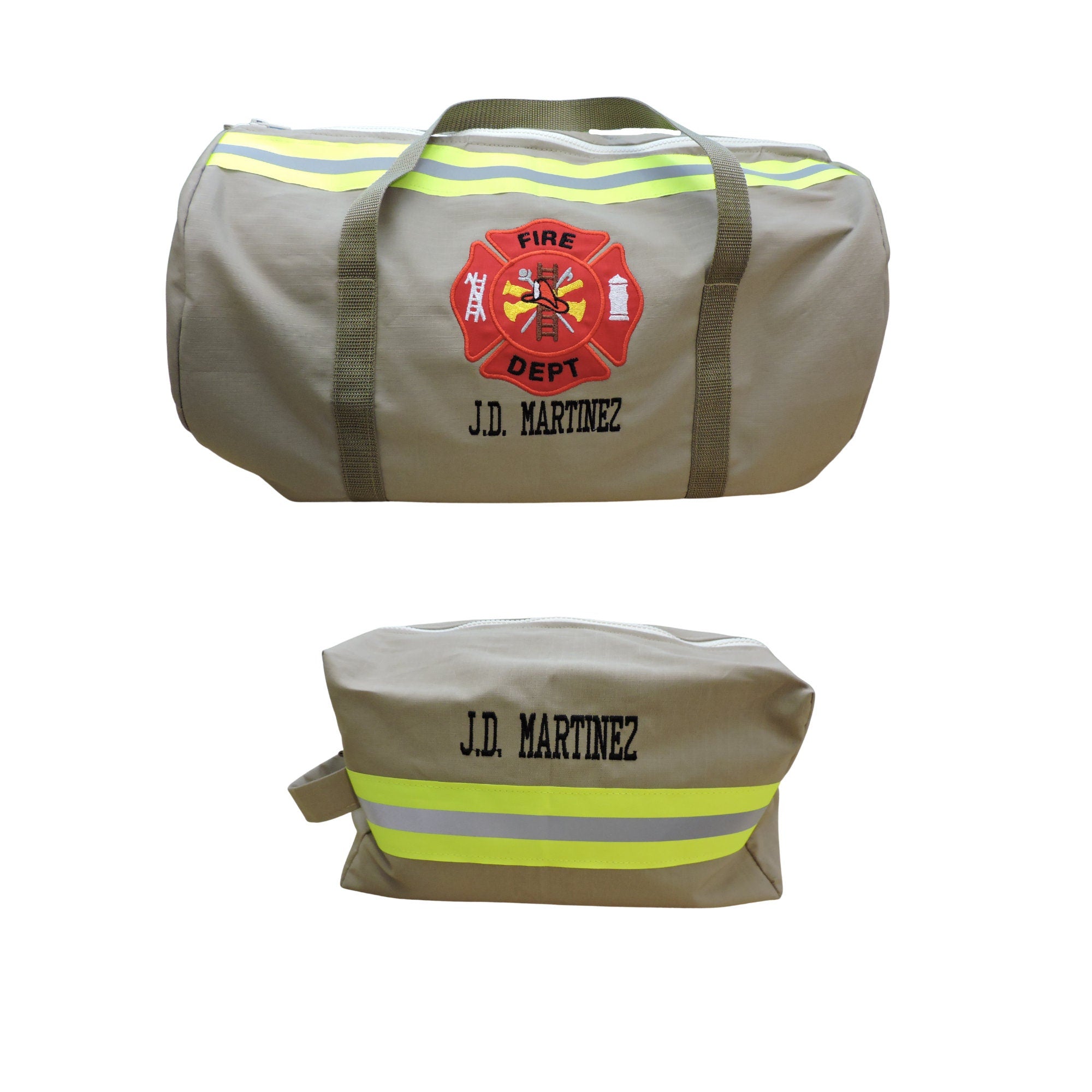 tan fabric with neon yellow reflective tape firefighter duffel bag and travel bag set