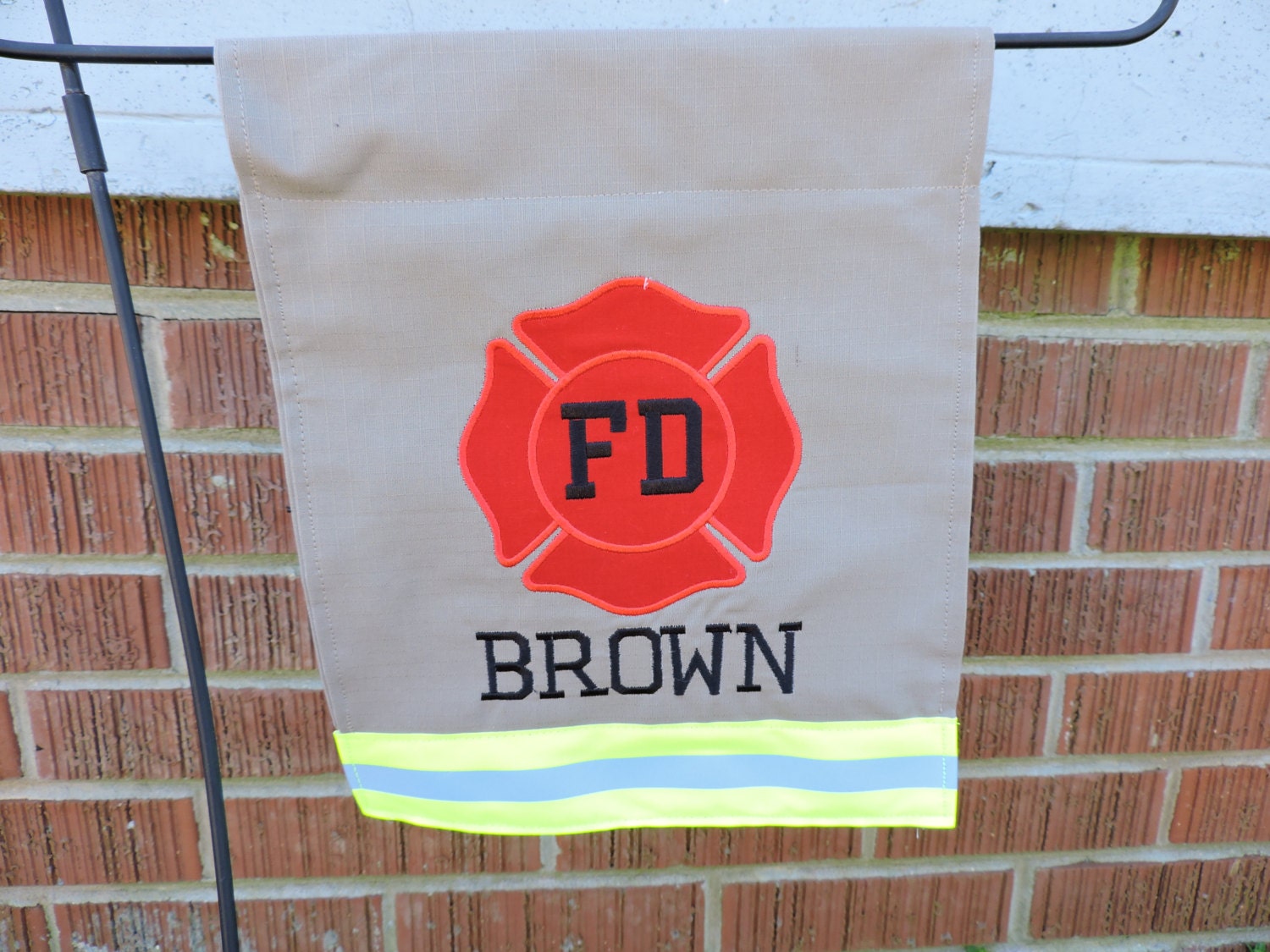 Tan Fabric Neon Yellow Reflective Tape Firefighter FD Garden Flag with One Name