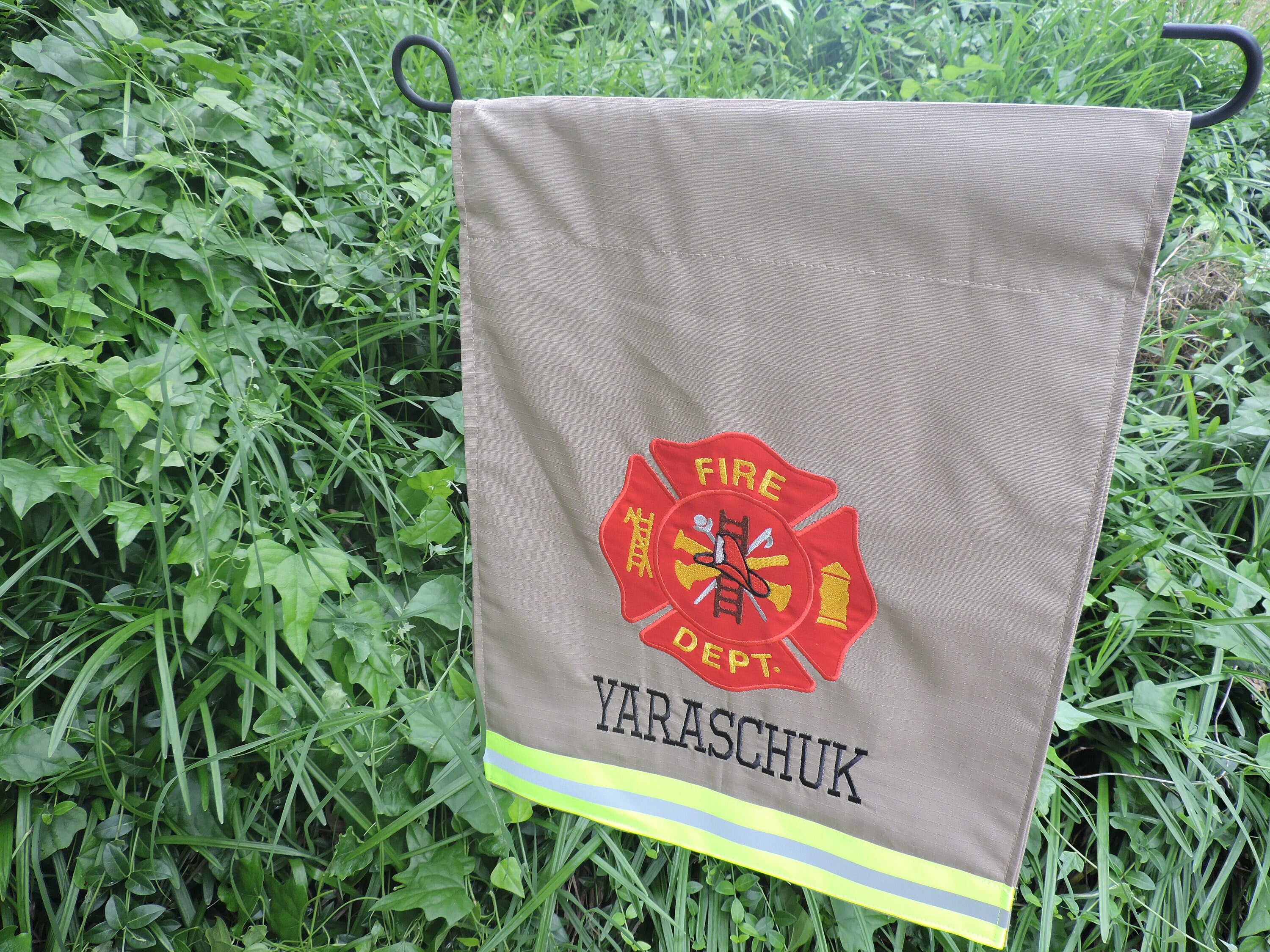 Tan Fabric Neon Yellow Reflective Tape Firefighter Maltese Cross Garden Flag with one name