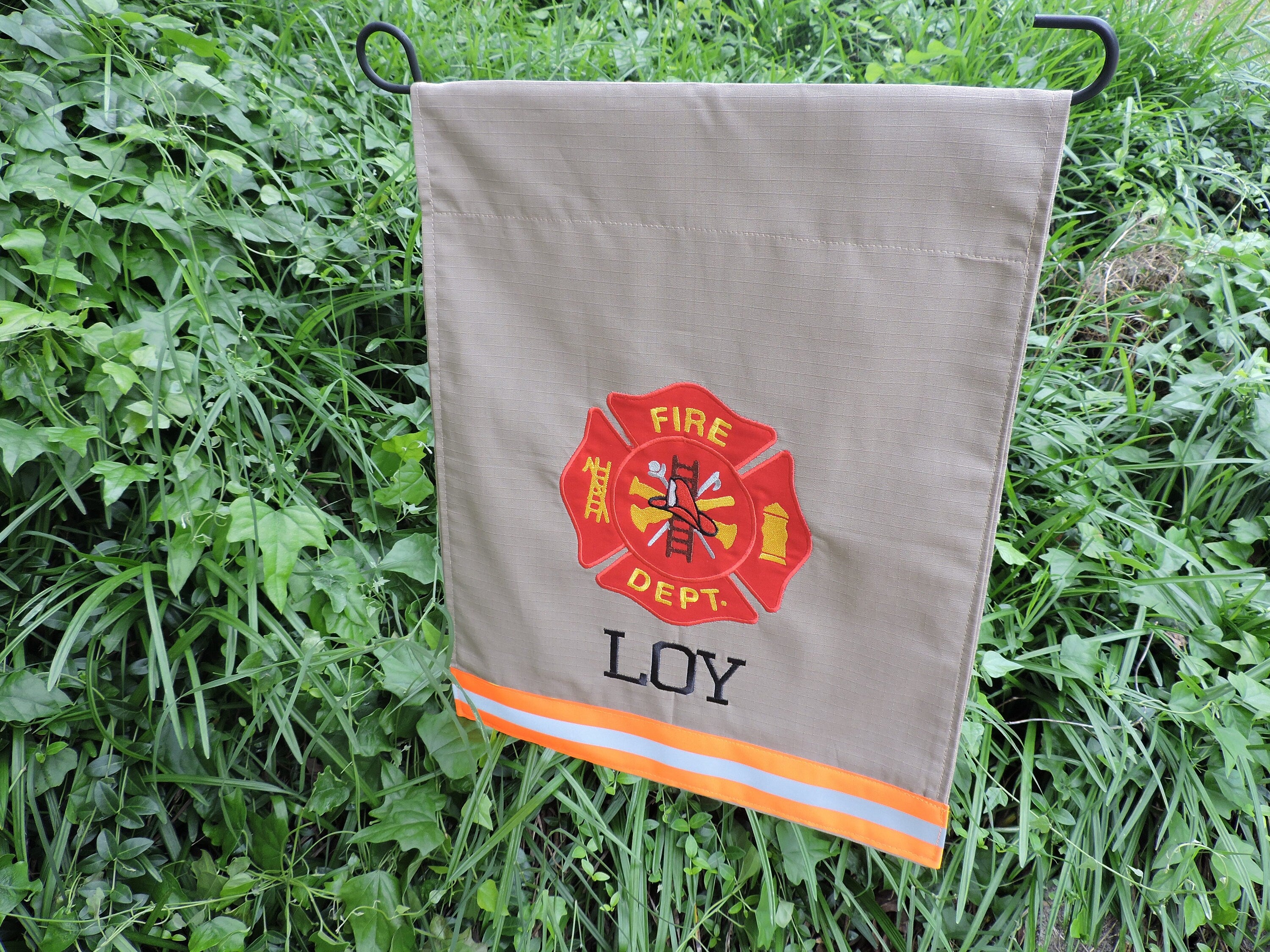 Tan Fabric Neon Yellow Orange  Tape Firefighter Maltese Cross Garden Flag with one name