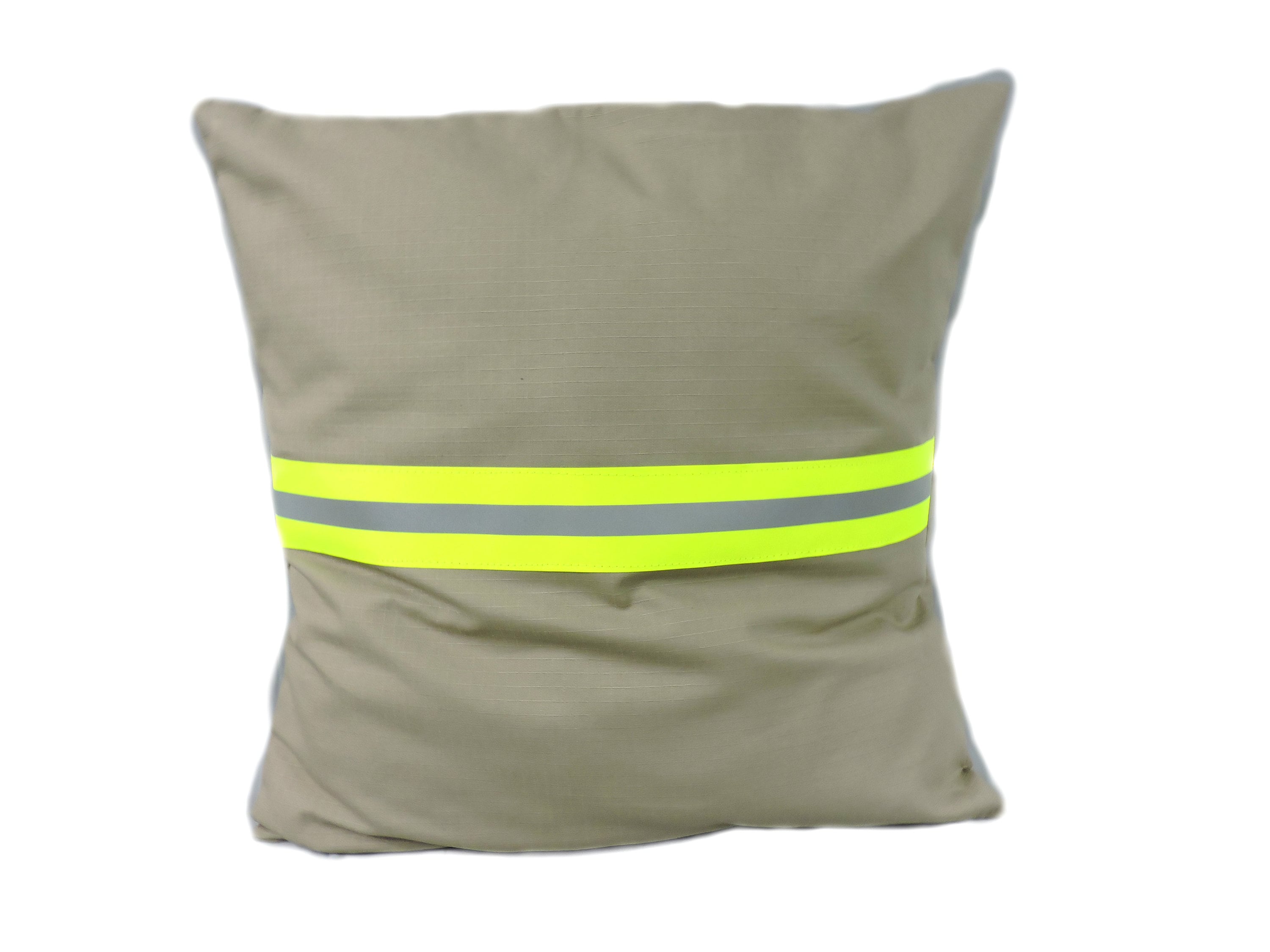 tan fabric and neon yellow reflective tape Firefighter Pillow cover