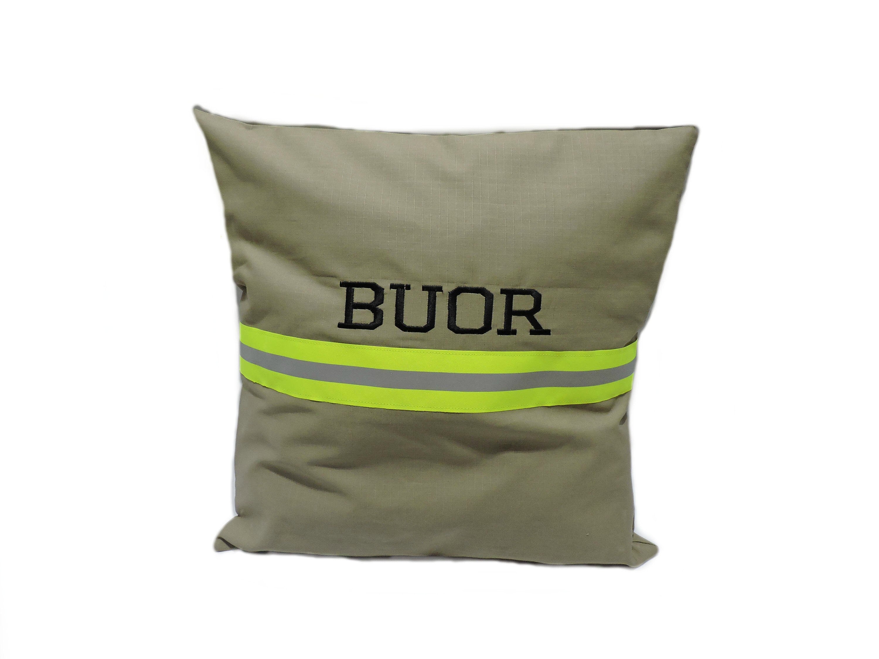 tan fabric neon yellow reflective tape with name Firefighter Pillow cover