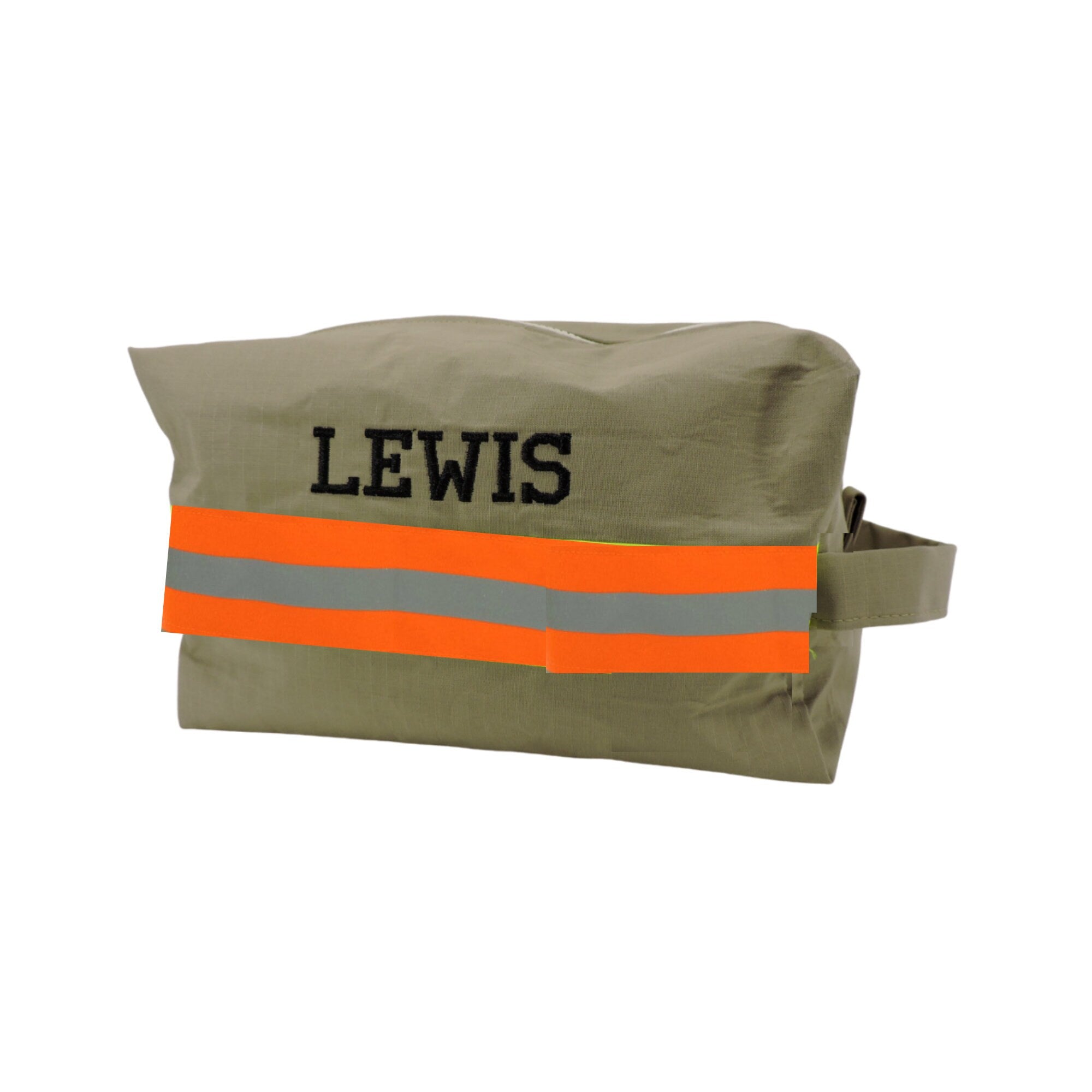 Tan fabric orange reflective tape firefighter toiletry bag with a name added