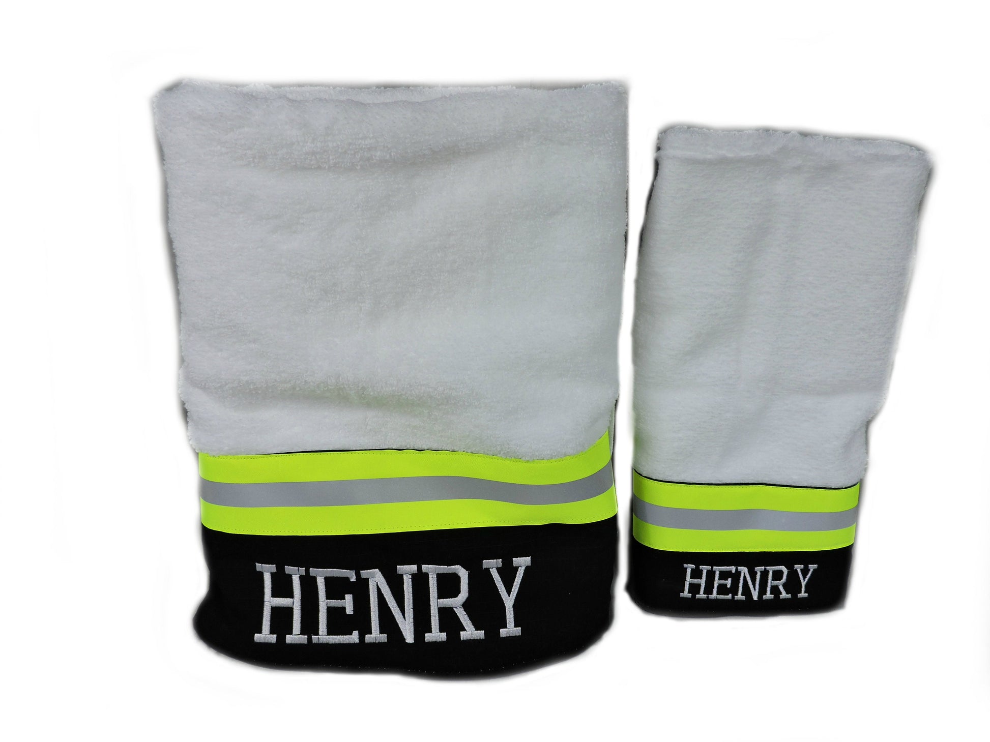 black fabric with neon yellow reflective tape  Firefighter bath towels