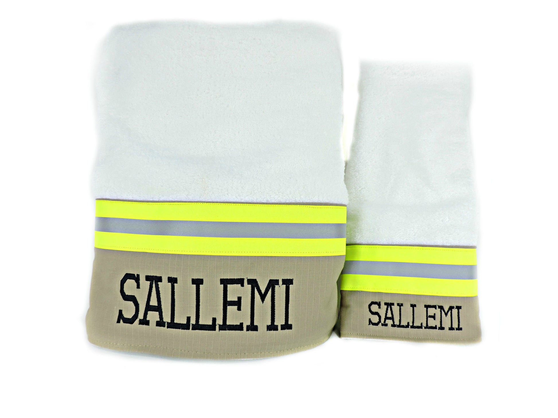 tan fabric with neon yellow reflective tape Firefighter bath towels