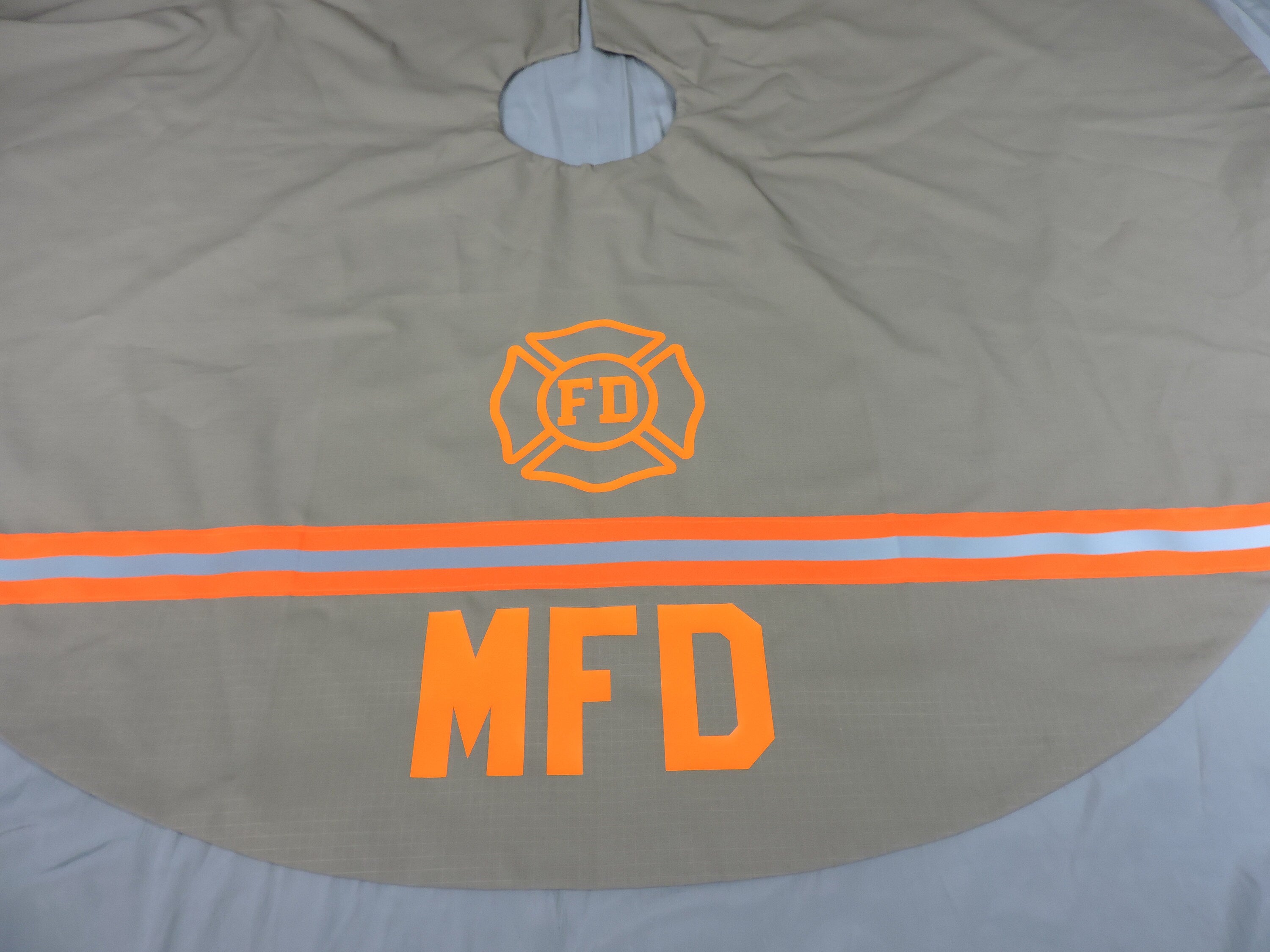 Tan Fabric Neon Orange  Reflective Tape Firefighter Christmas Tree Skirt