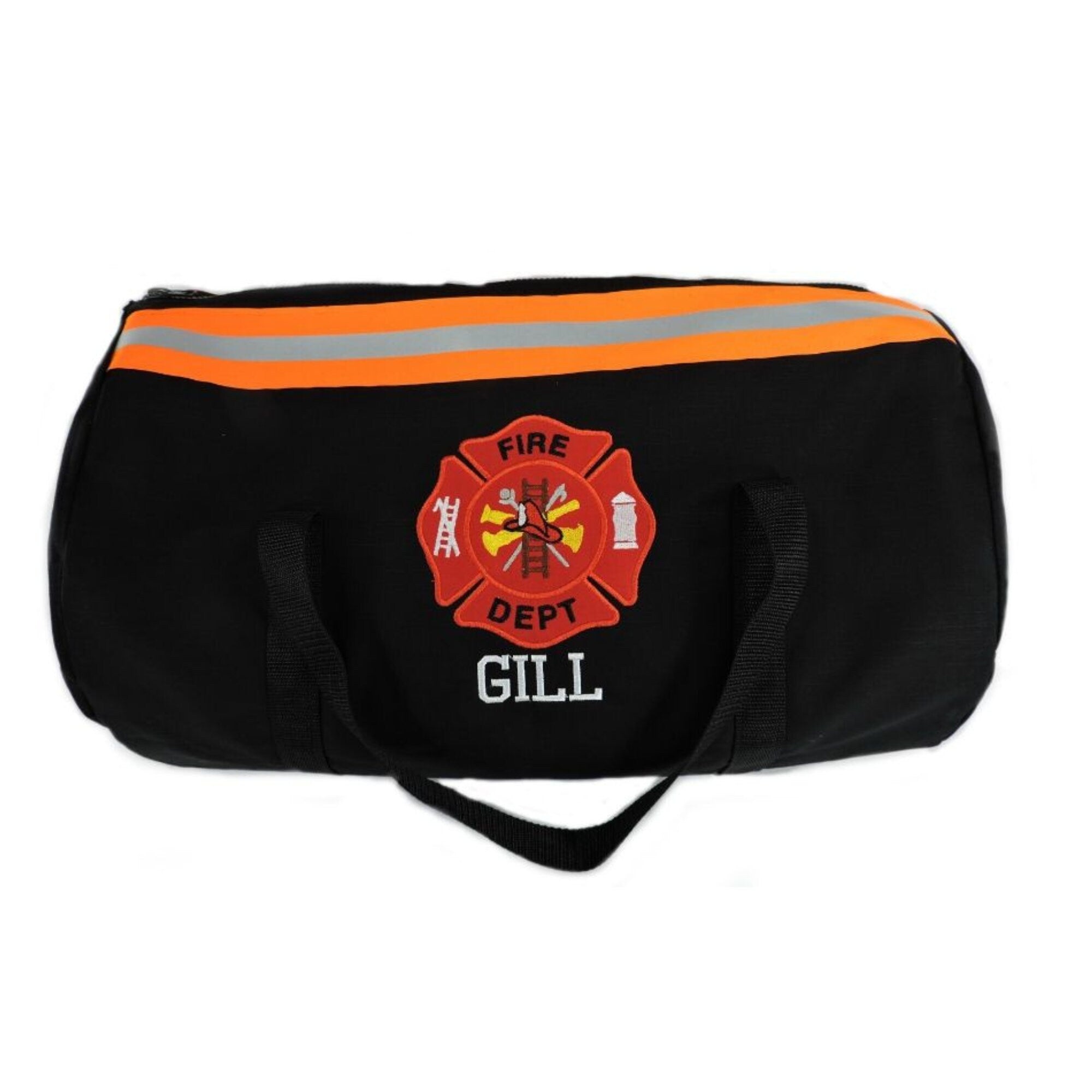 black fabric orange reflective tape firefighter duffel bag