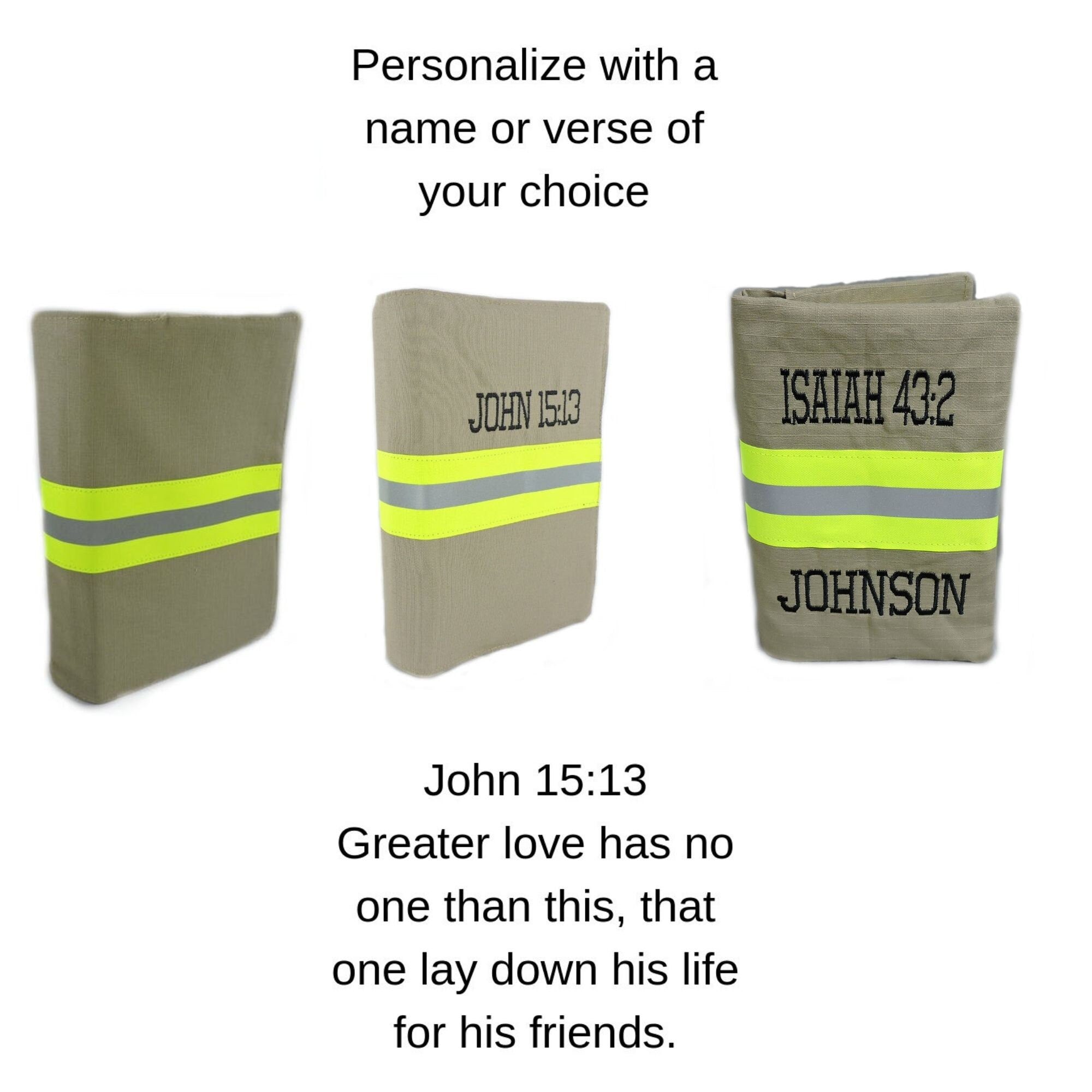 styles of how the bible cover can be personalized. no personalization, name or verse above reflective tape and lastly name or verse above and below reflective tape.
