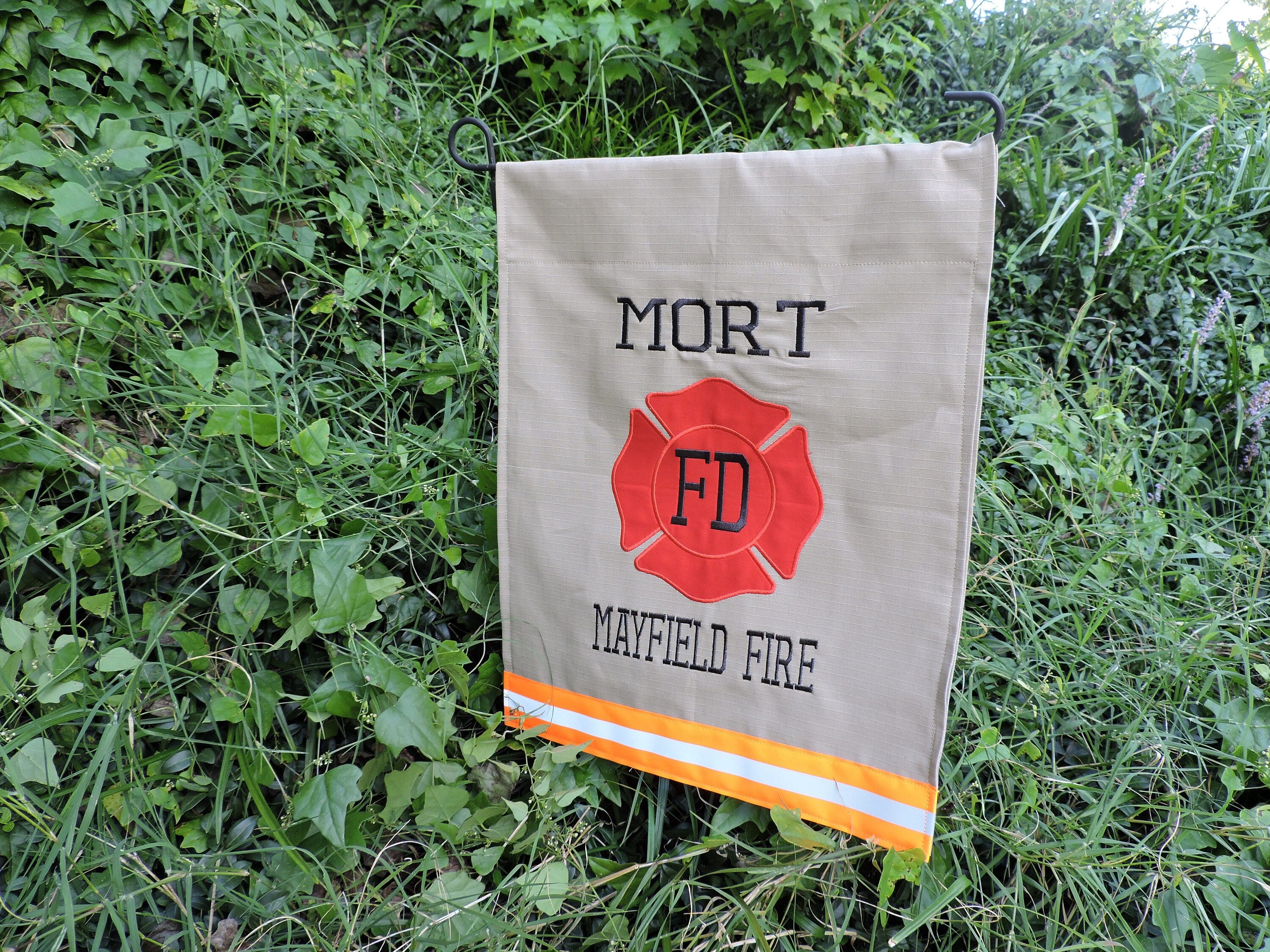 Tan Fabric Neon Orange  Reflective Tape firefighter fd garden flag with two names