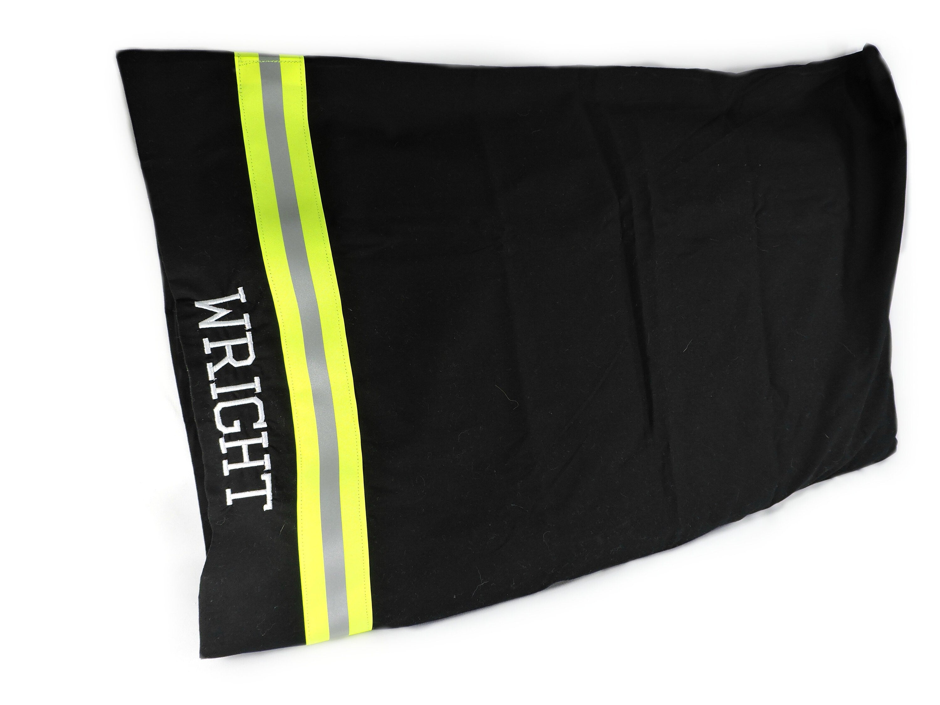 black fabric neon yellow reflective tape firefighter pillowcase with a name added