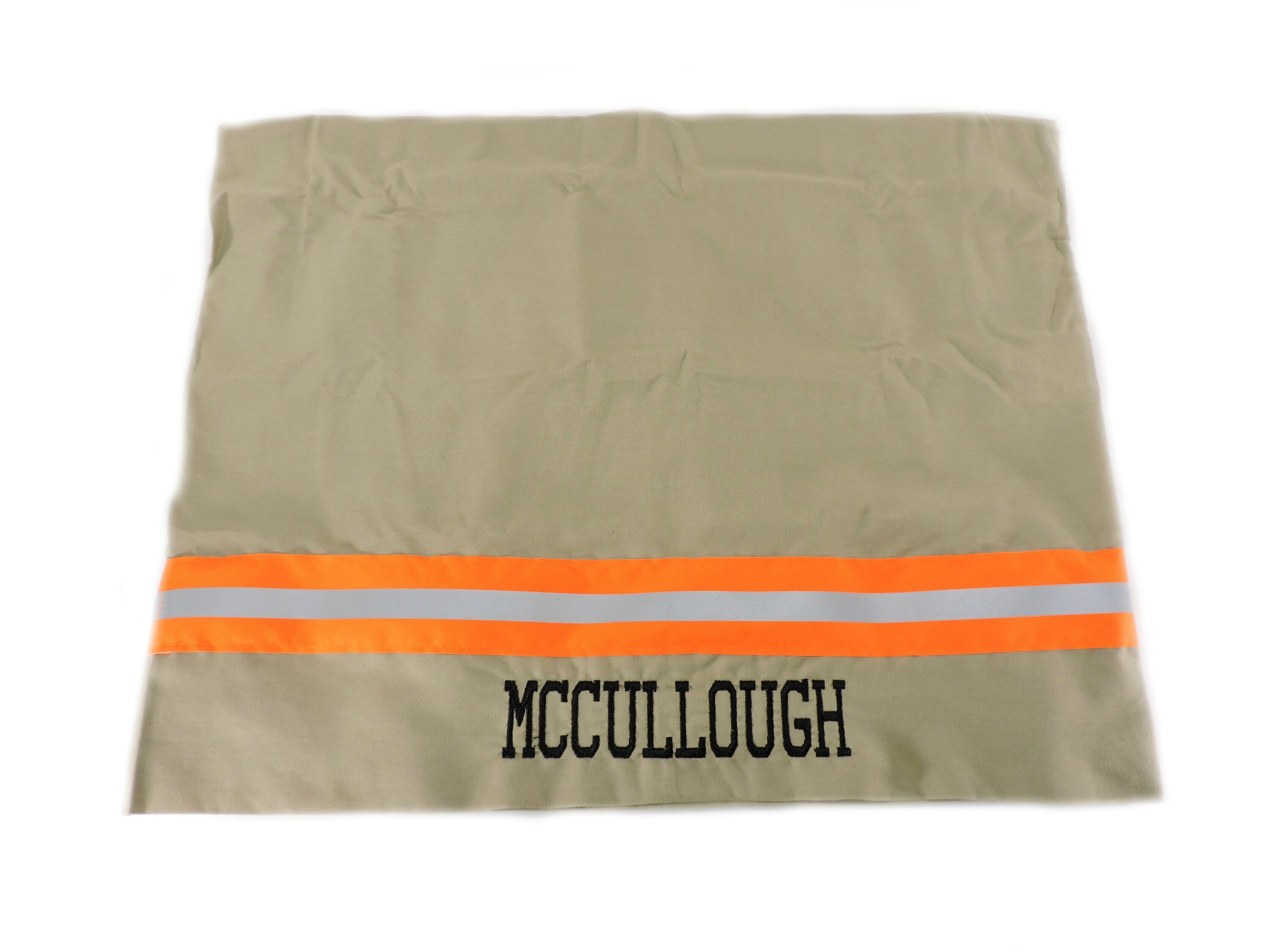 tan fabric orange reflective tape firefighter pillowcase with a name added