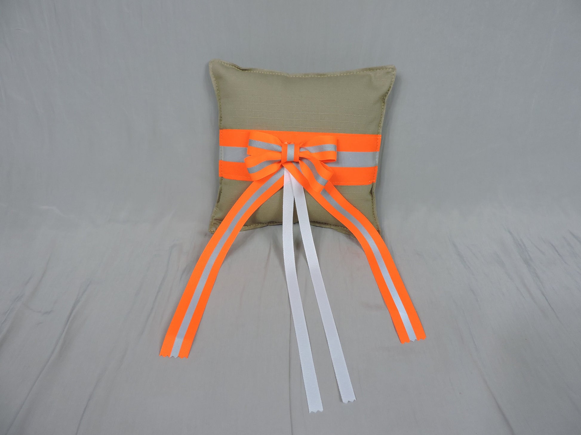 Tan Fabric and Neon Orange Reflective Tape Firefighter wedding Ring Bearer Pillow
