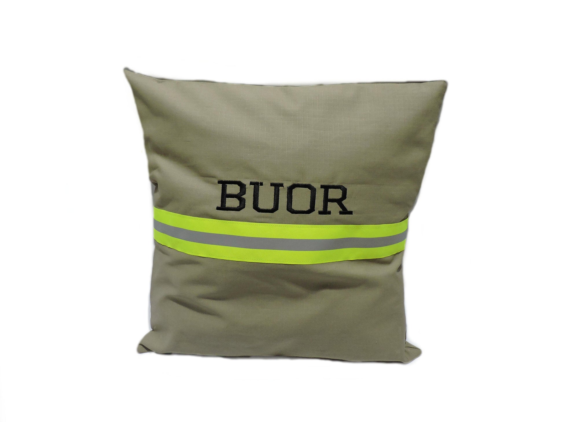 tan fabric with name Firefighter Pillow cover
