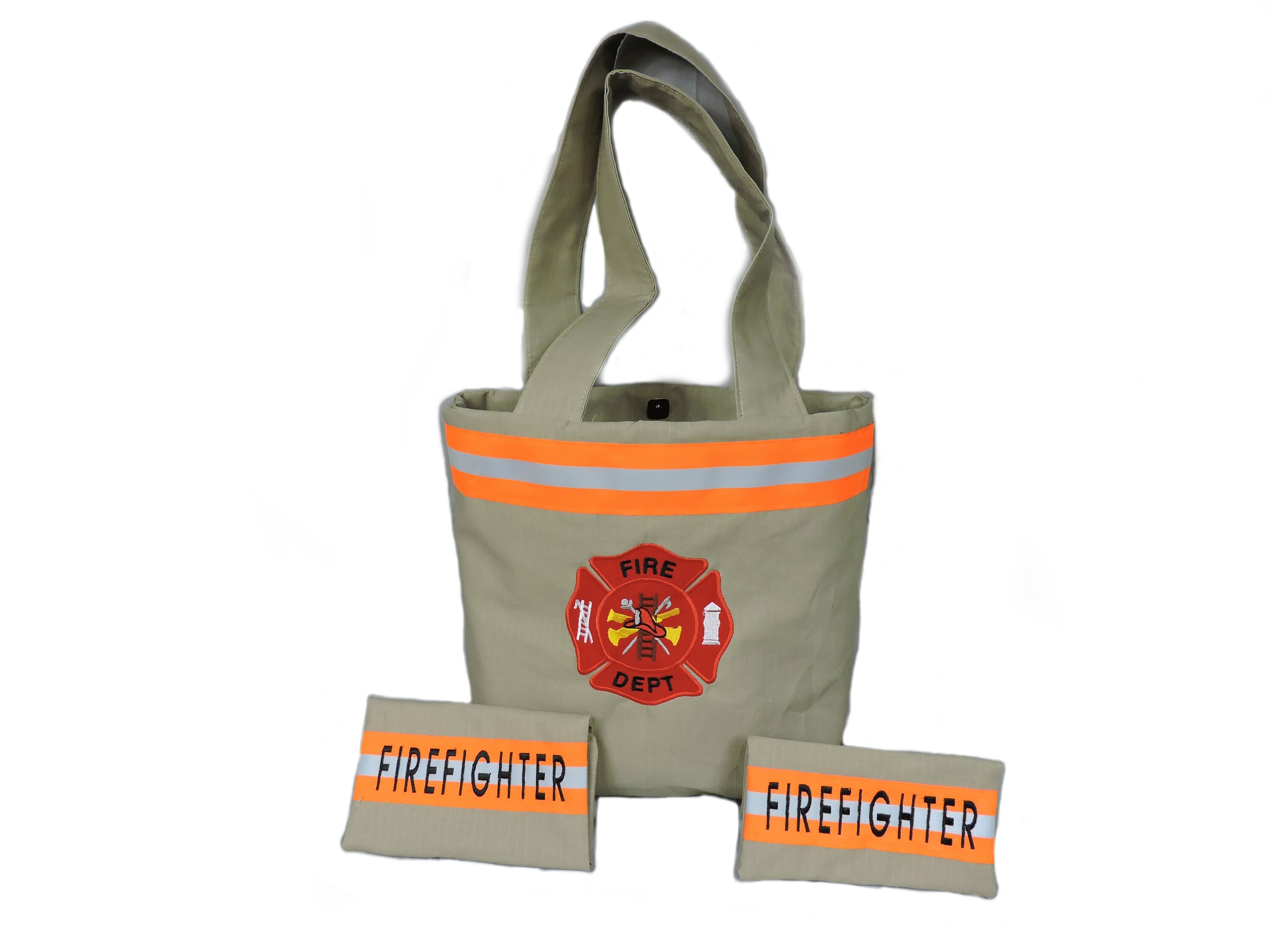 Tan Fabric Neon Orange  Reflective Tape Firefighter Wife Purse Set