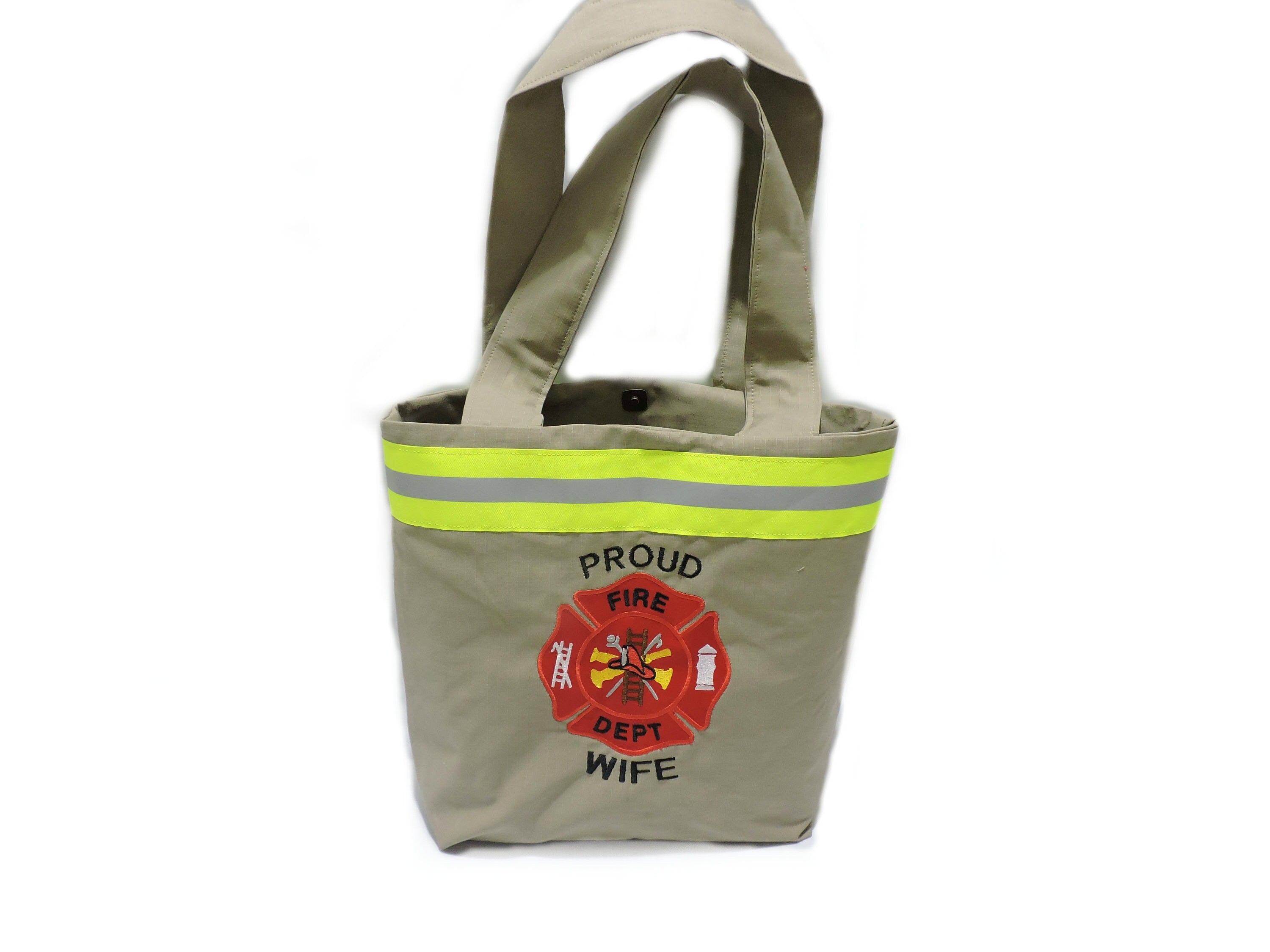 Tan Fabric Neon Yellow Reflective Tape Firefighter Wife Purse