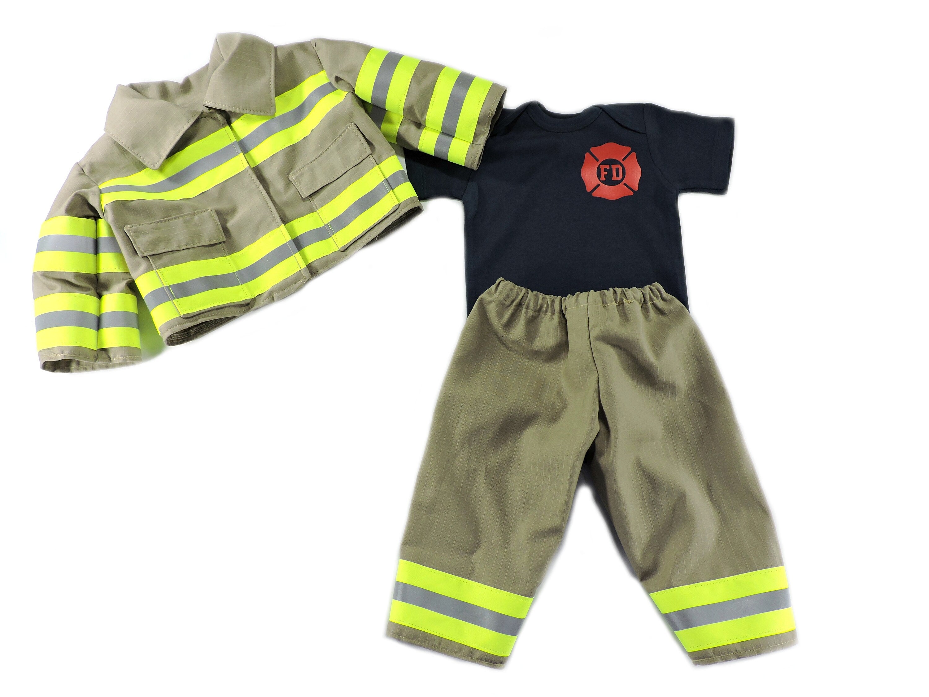 tan fabric Firefighter baby boy outfit and jacket