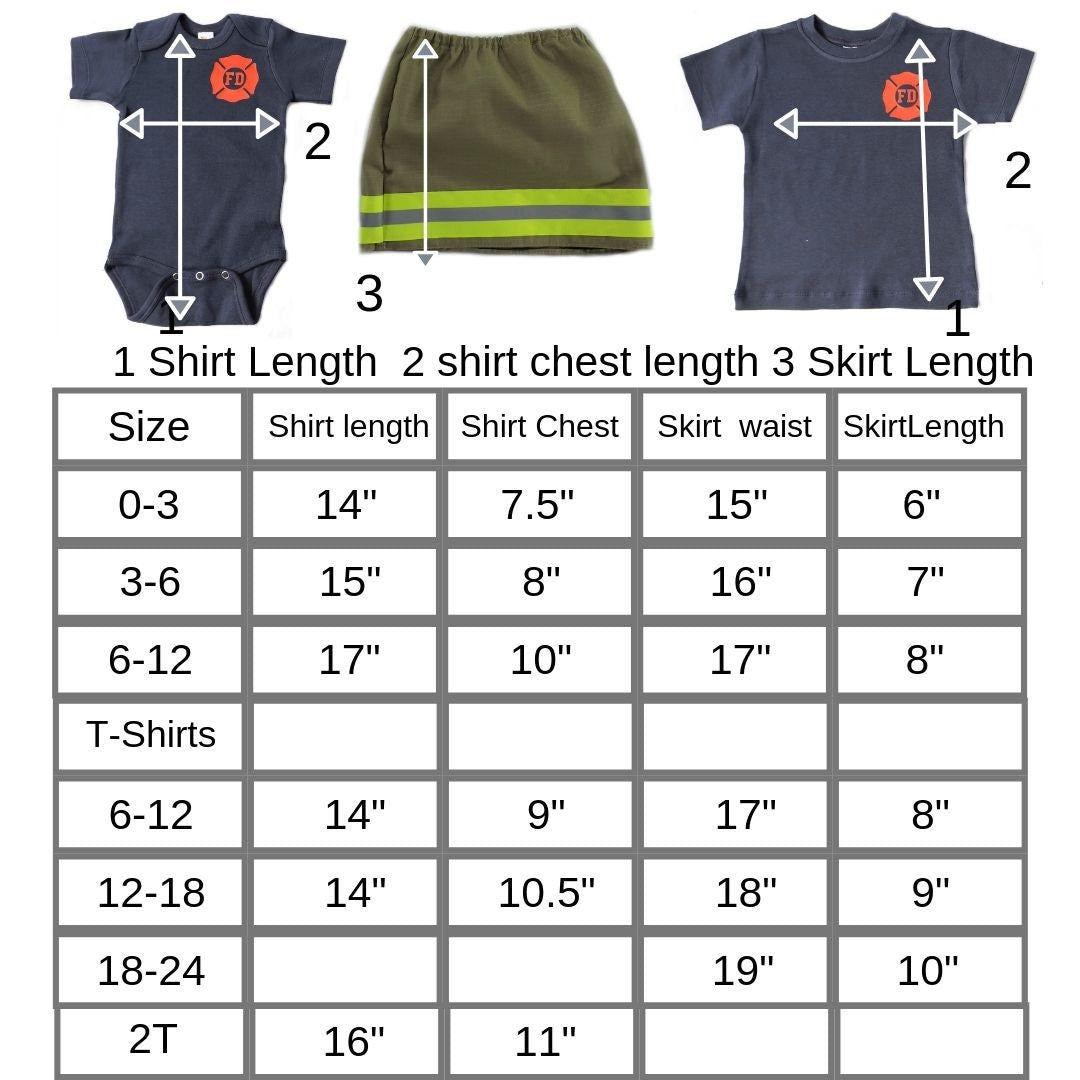 size chart for Firefighter Baby Girl Outfit
