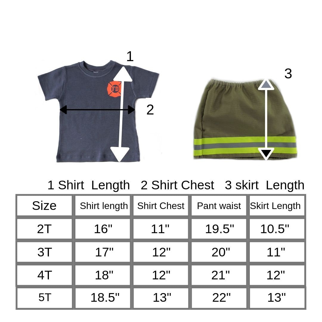size chart for Firefighter toddler girl outfit