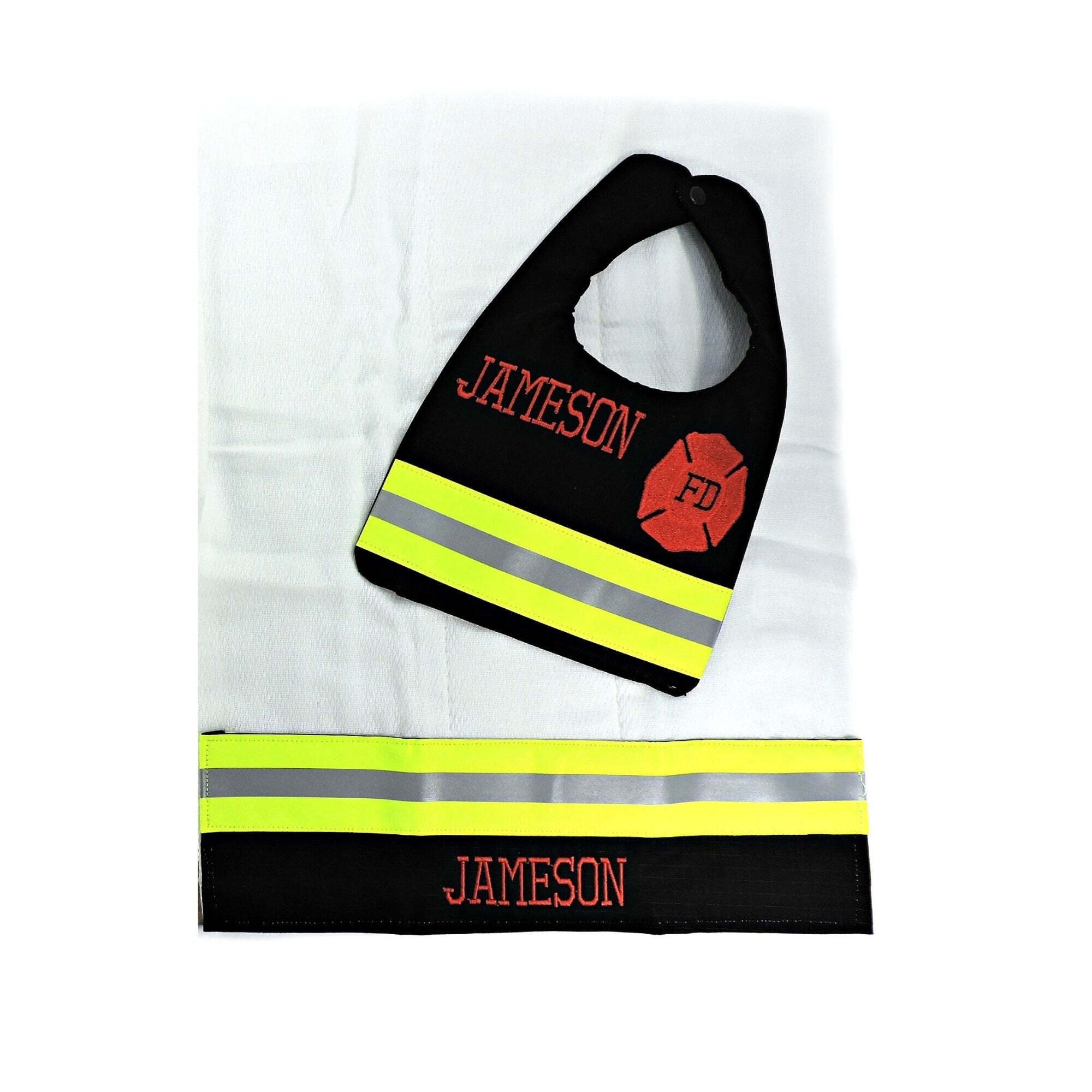 black fabric Firefighter baby bib and burp cloth