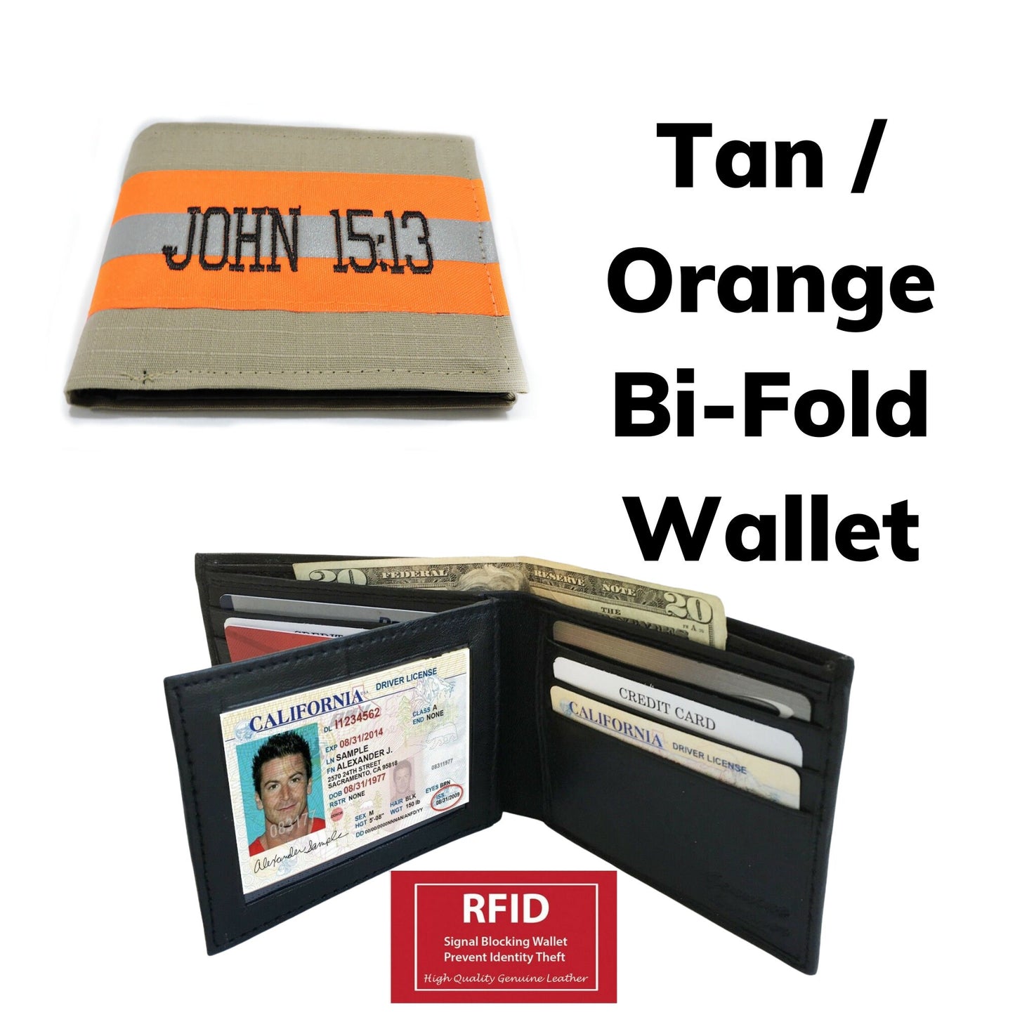 tan orange reflective tape bi fold wallet with RFID