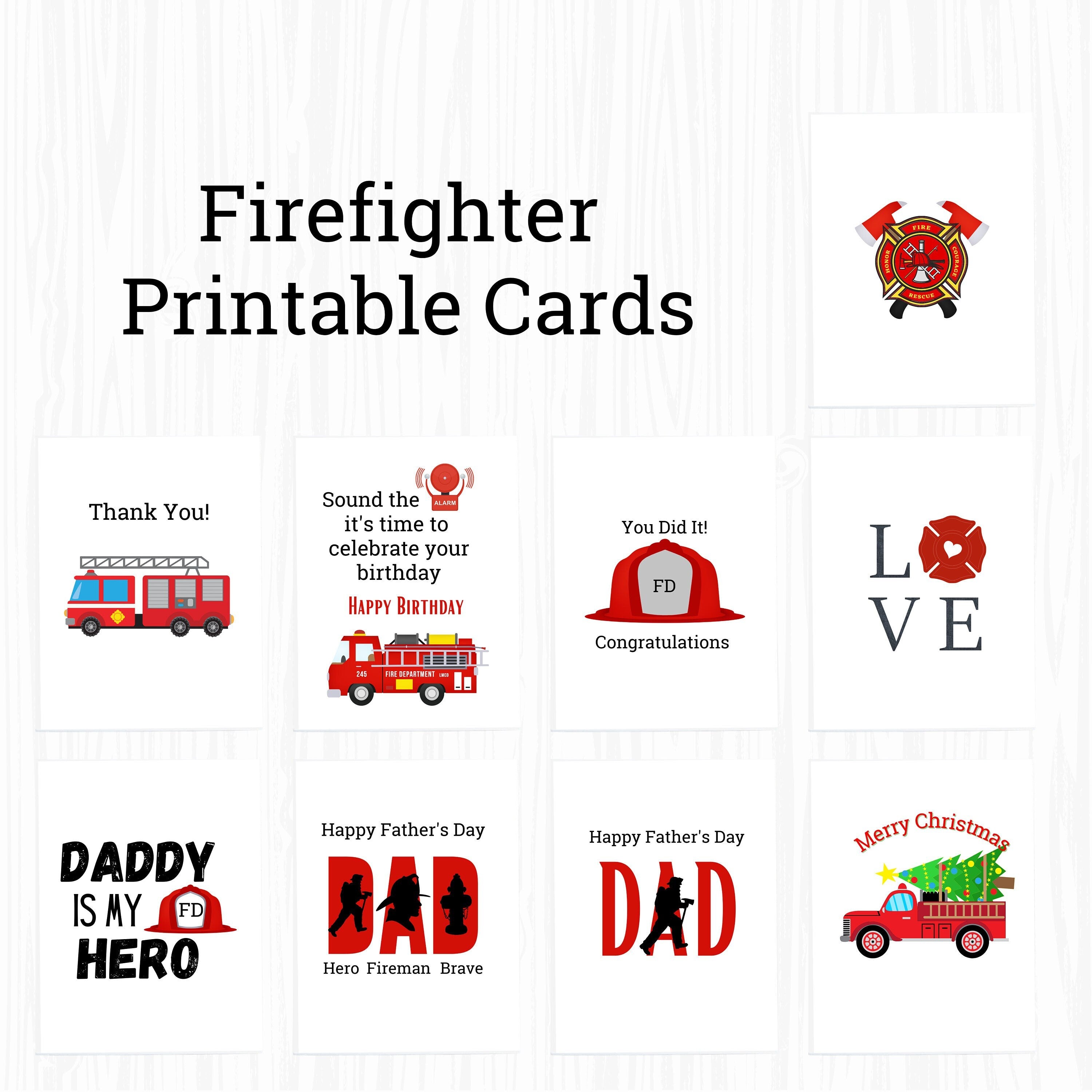 9 Firefighter PRINTABLE Cards, Christmas Card, Anniversary Card, Thank you Card, Graduation Card Set, Fireman card set, INSTANT DOWNLOAD