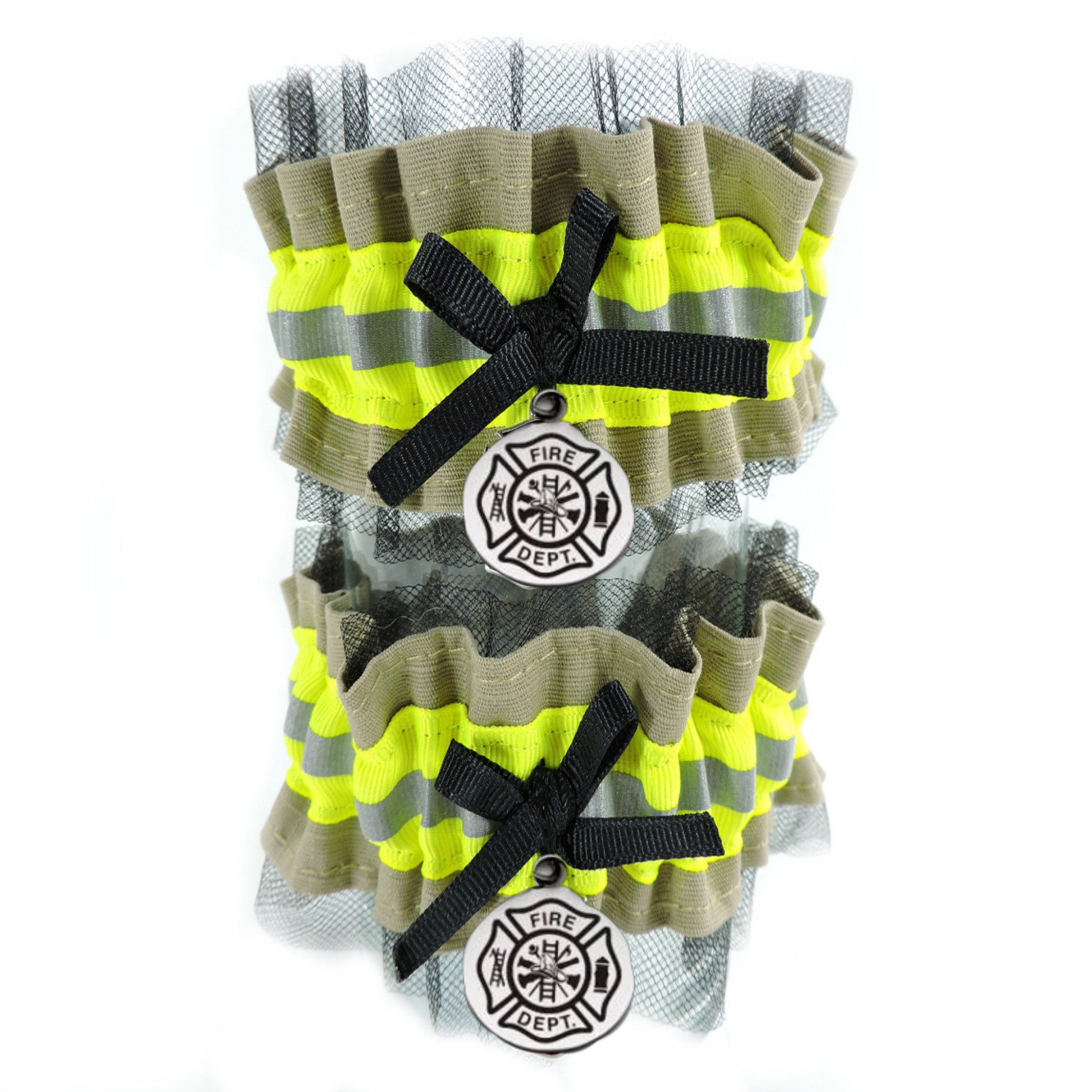Firefighter Wedding Garter with Tulle set  tan fabric neon yellow reflective tape